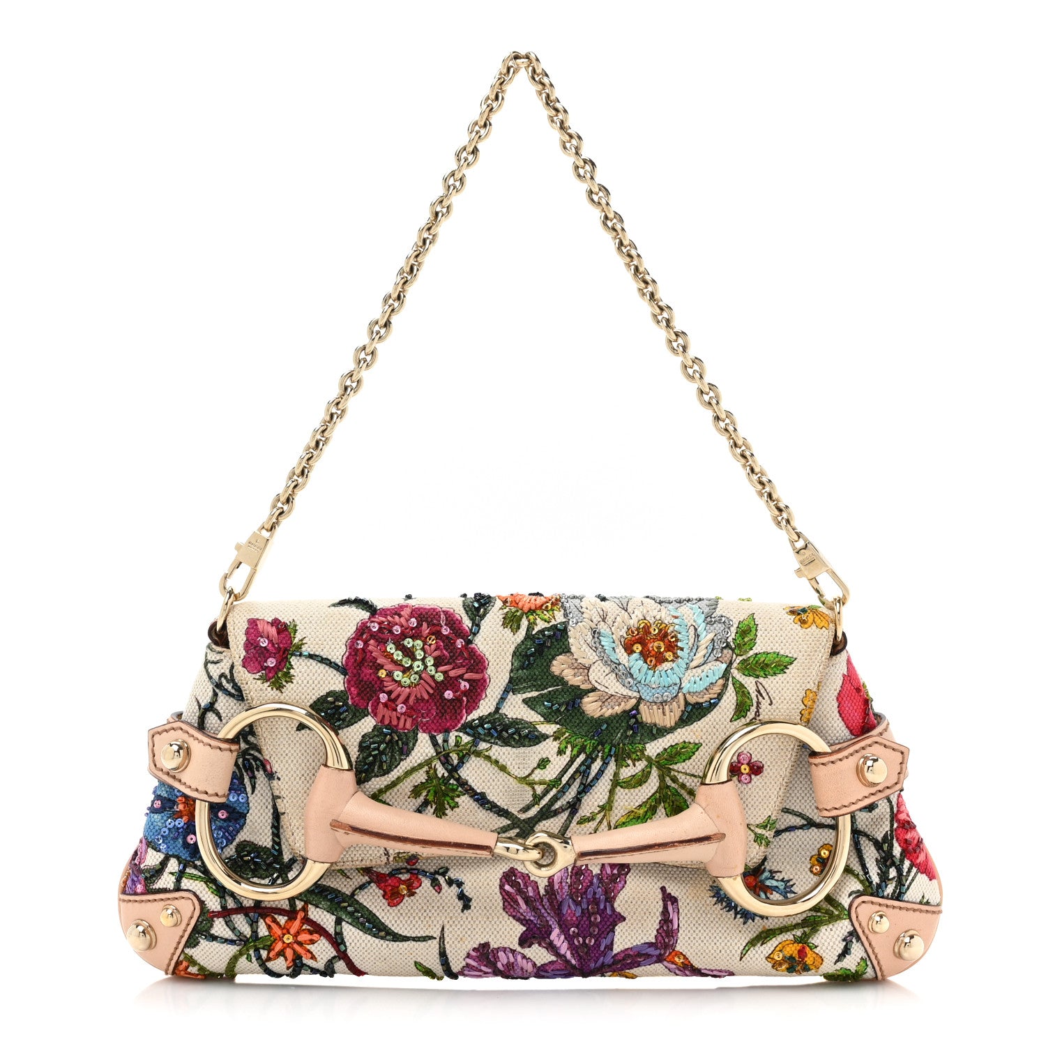 Gucci Canvas Flora Floral Beaded Small Horsebit Chain Clutch White