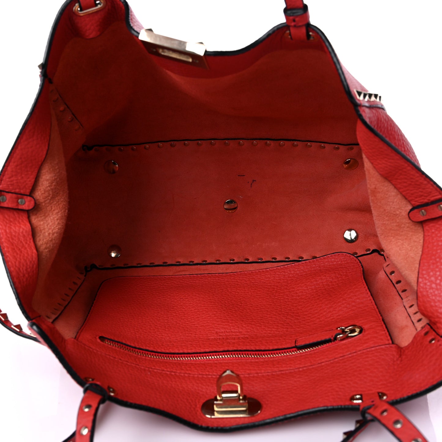 Pebbled Calfskin Medium Rockstud Tote Deep Coral