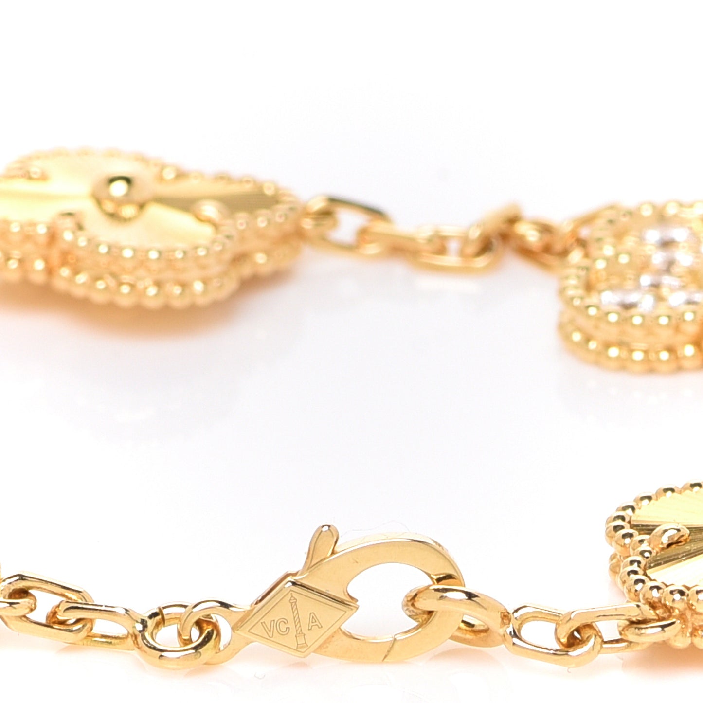 18K Yellow Gold Diamond 5 Motifs Guilloche Vintage Alhambra Bracelet