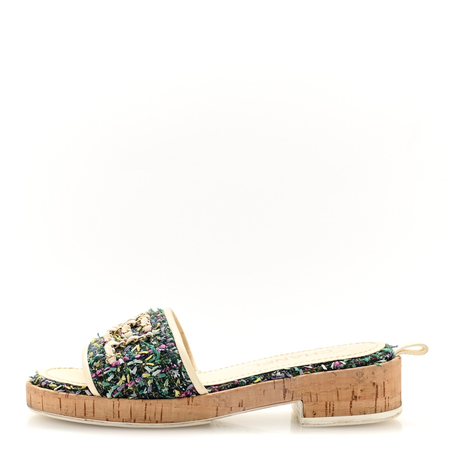 Chanel Tweed Cork CC Chain Mule Sandal 36.5 Green Multicolor