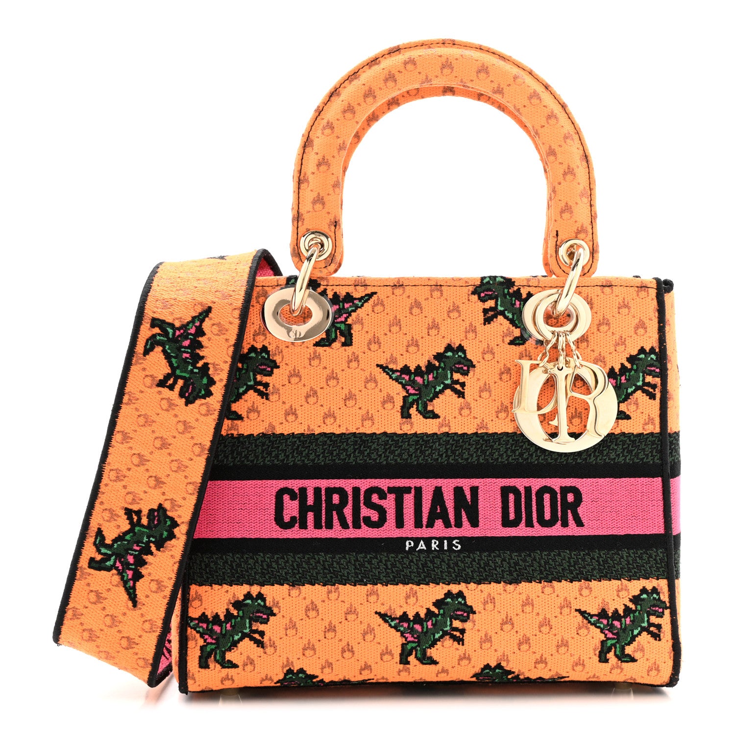 ディディオール ライトオレンジ Christian Dior Canvas Embroidered Dino Medium Lady D-Lite Orange