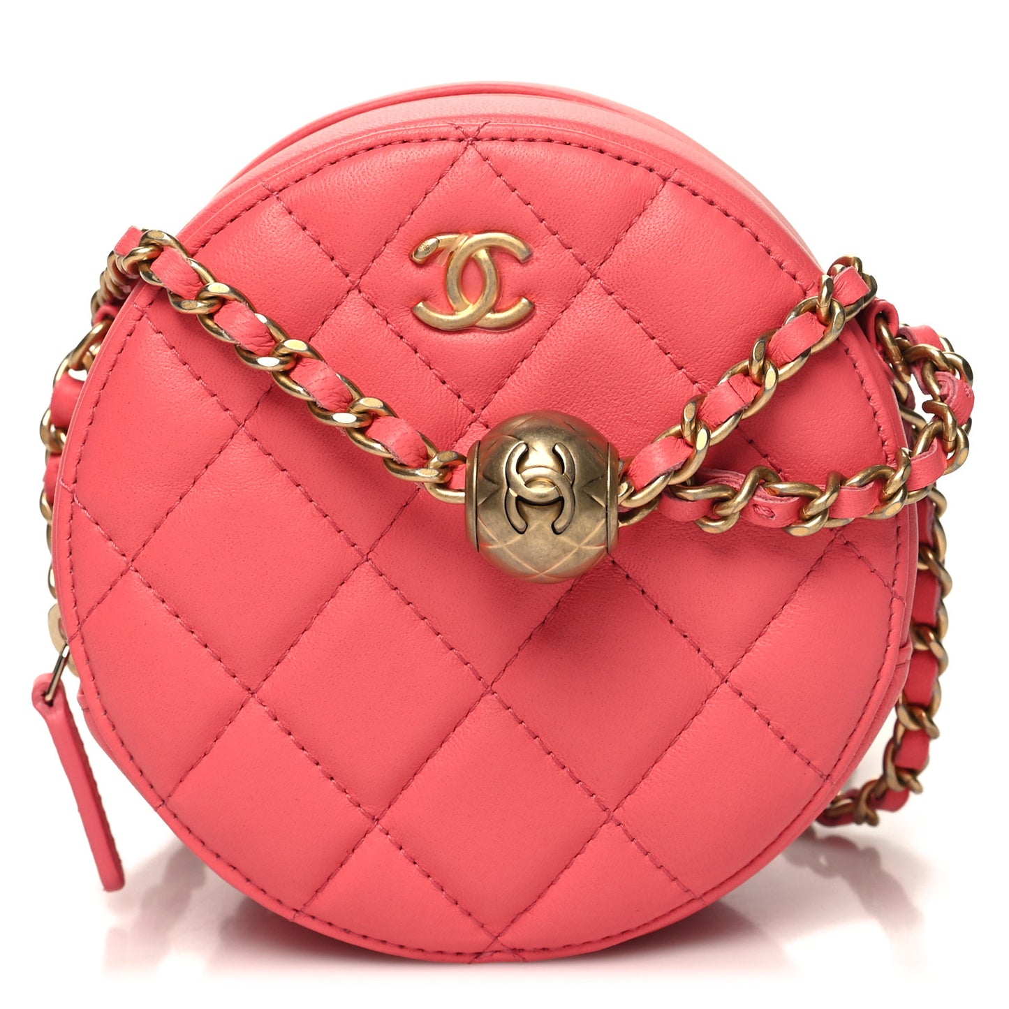 Lambskin Quilted Round Pearl Crush Clutch With Chain Pink