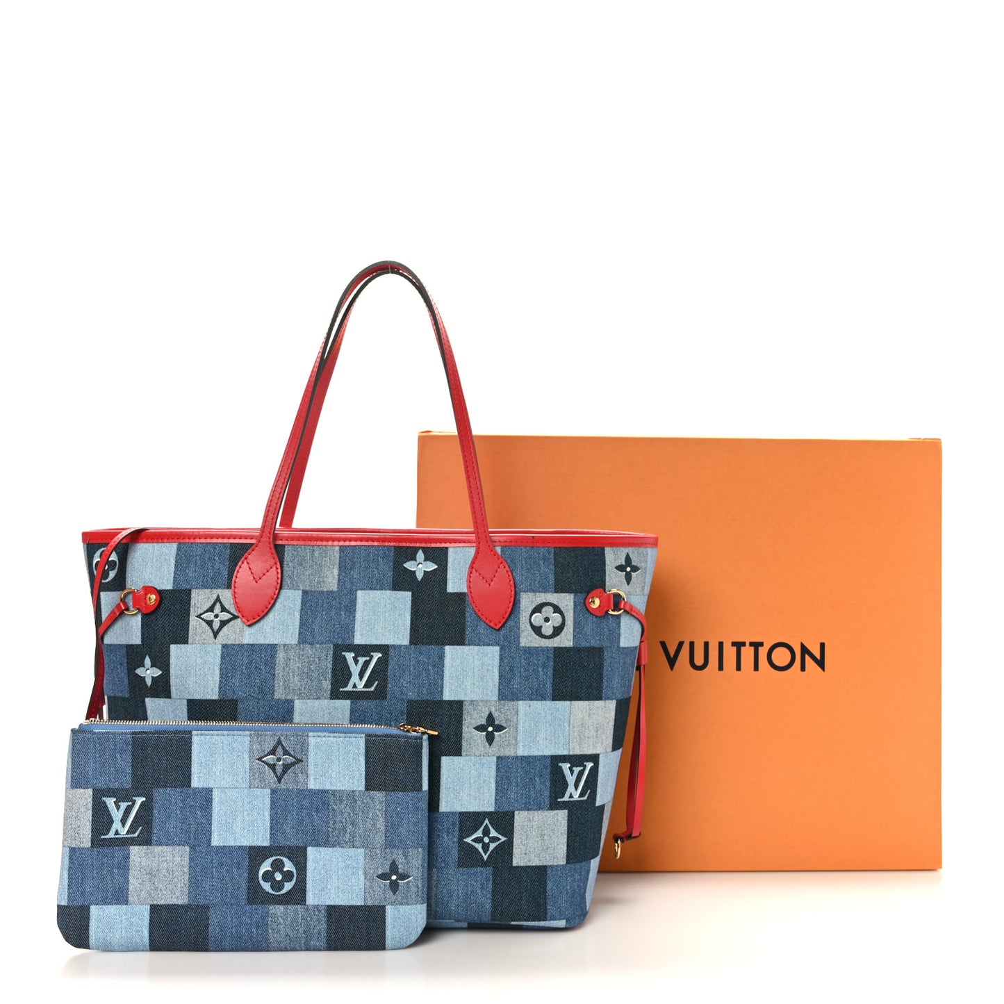 Denim Damier Monogram Patchwork Neverfull Blue Rouge