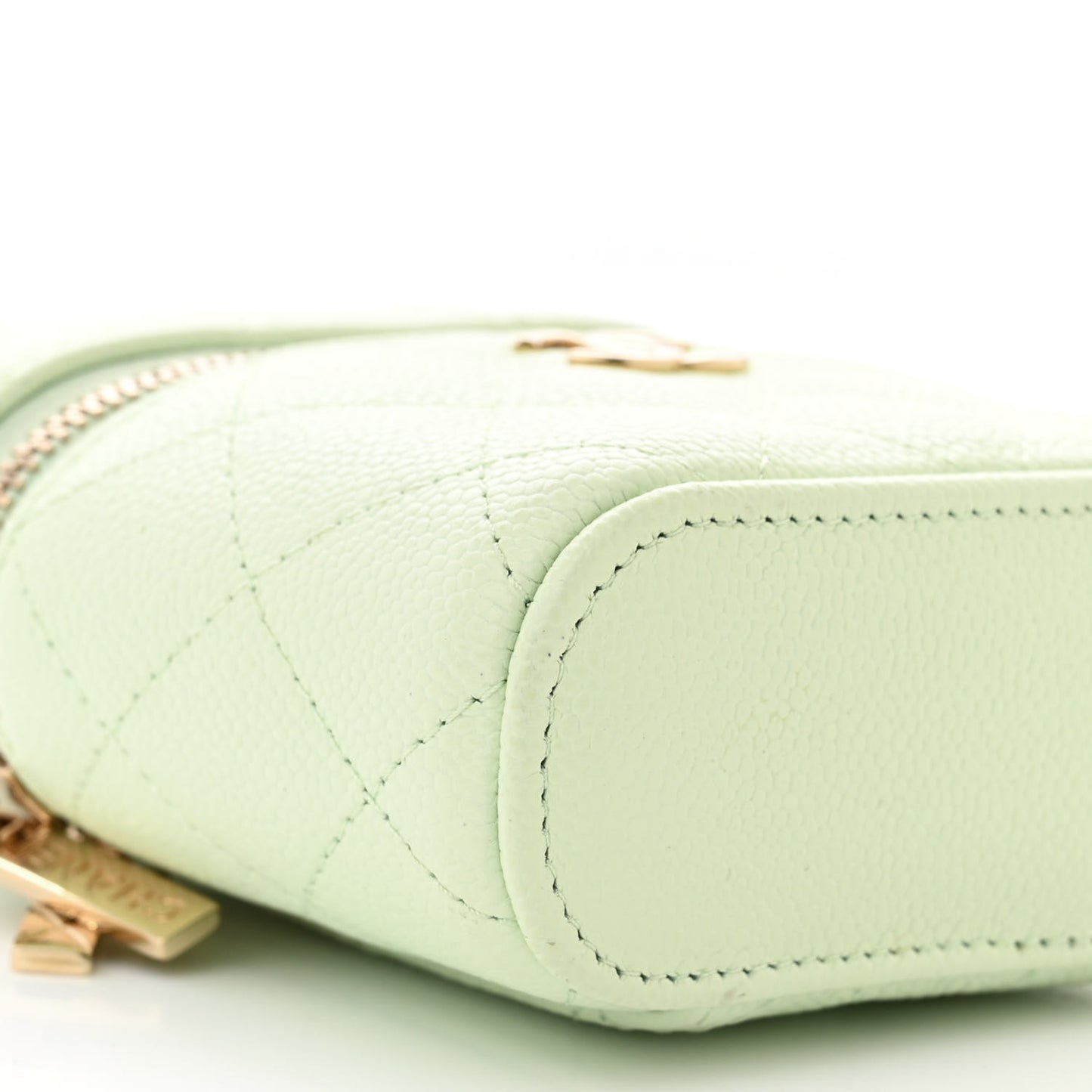 Caviar Quilted Small Handle With Care Vanity Case With Chain Light Green