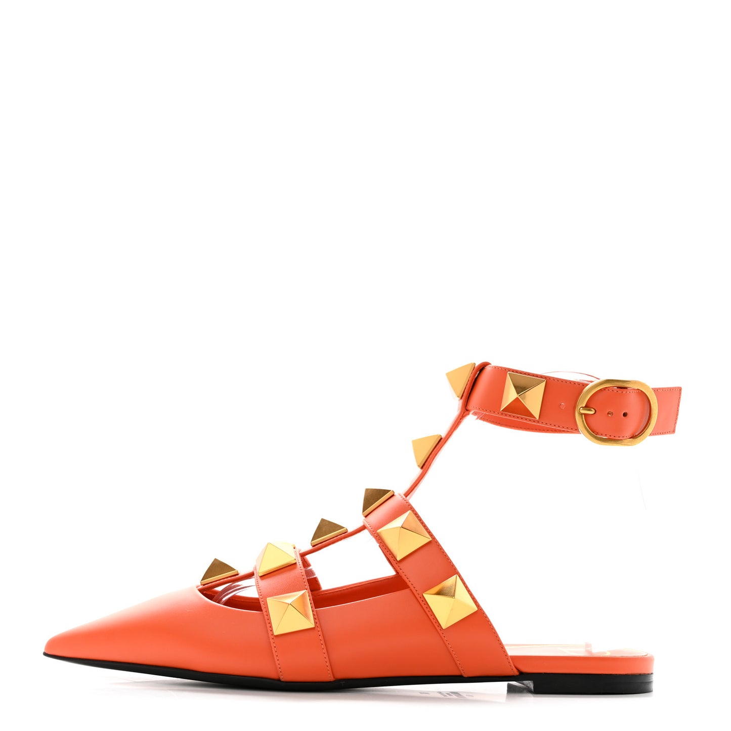 Calfskin Roman Stud Ankle Strap Flat Mules 38 Orange Zest