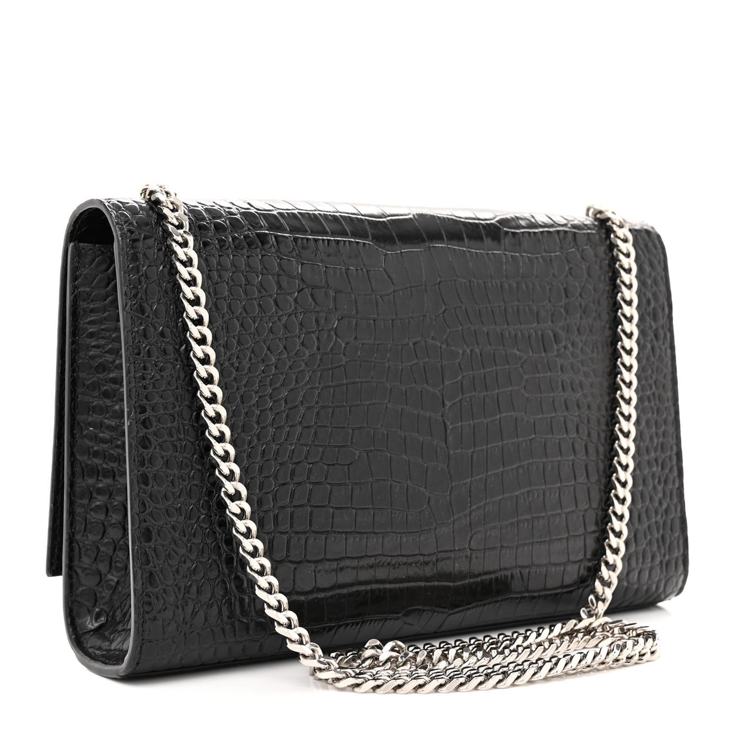 Calfskin Crocodile Embossed Medium Classic Monogram Kate Tassel Satchel Black