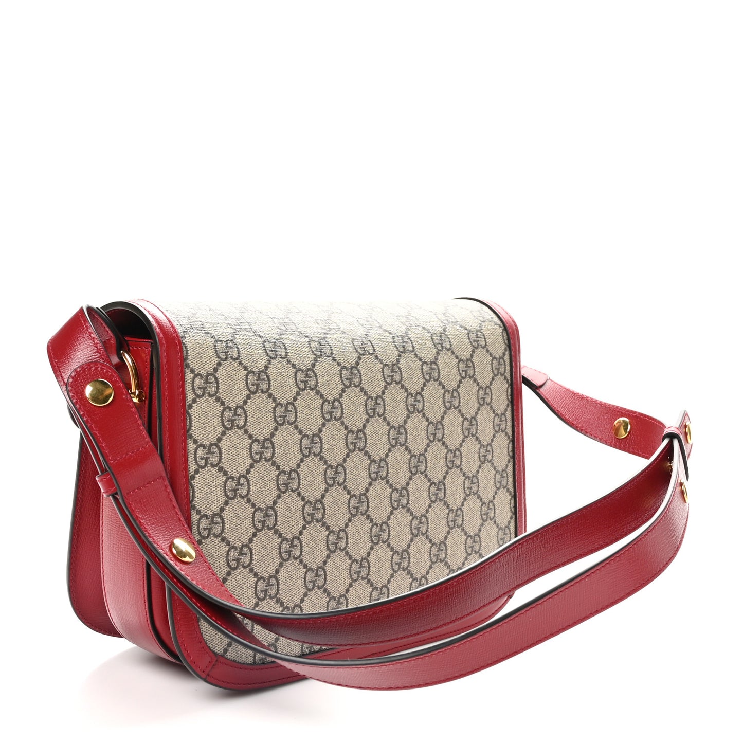 GG Supreme Monogram Azalea Calfskin Horsebit 1955 Shoulder Bag Beige Ebony New Cherry Red