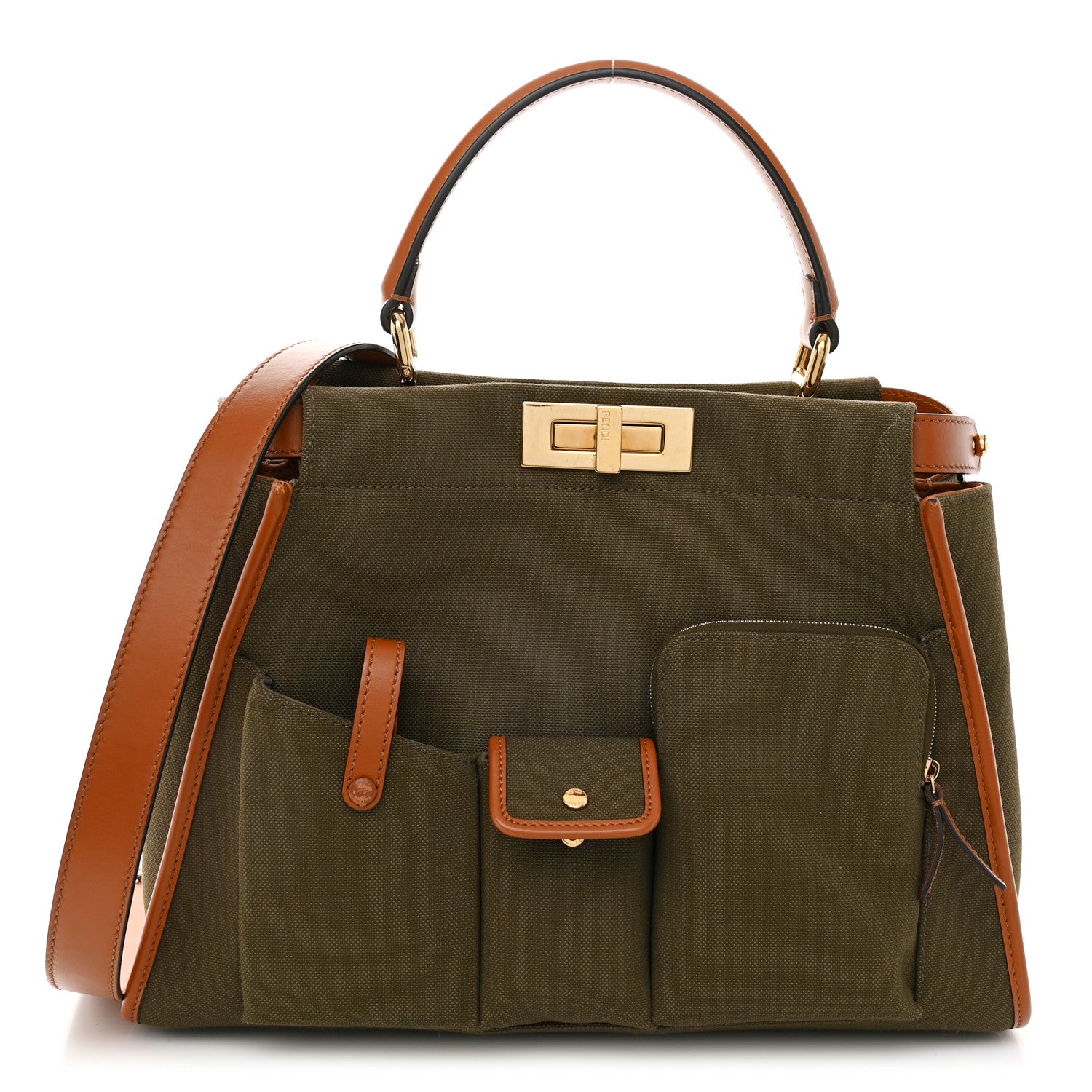 Fendi Canvas Calfskin Medium 3 Pocket Peekaboo Iconic Satchel Amazzonia Cuoio 1 of 12