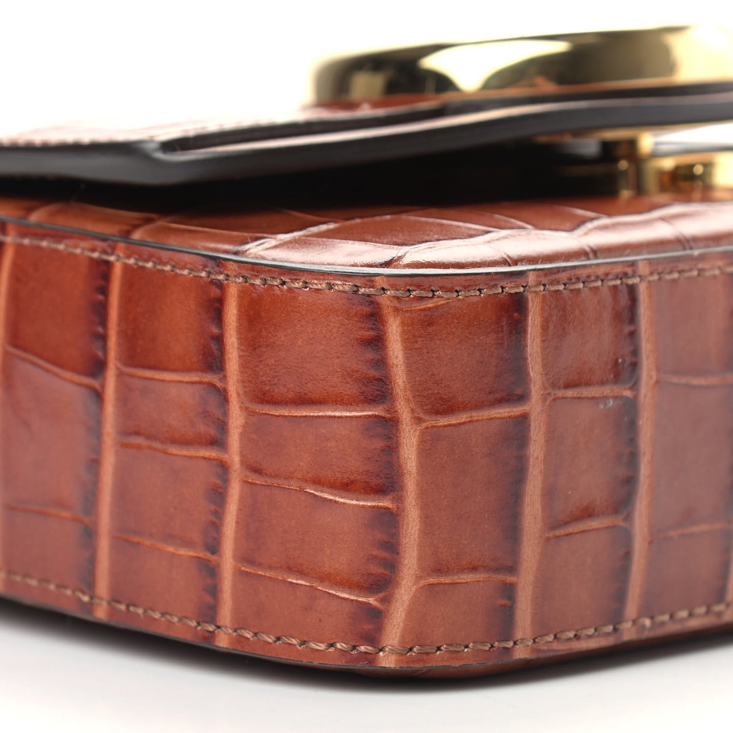 Calfskin Crocodile Embossed Mini C Double Carry Chestnut Brown