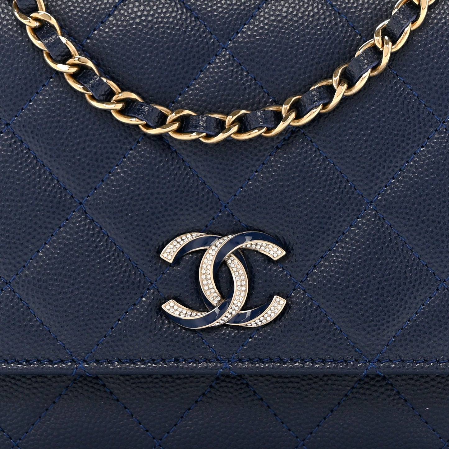 Caviar Quilted Crystal Enamel CC Wallet On Chain WOC Navy