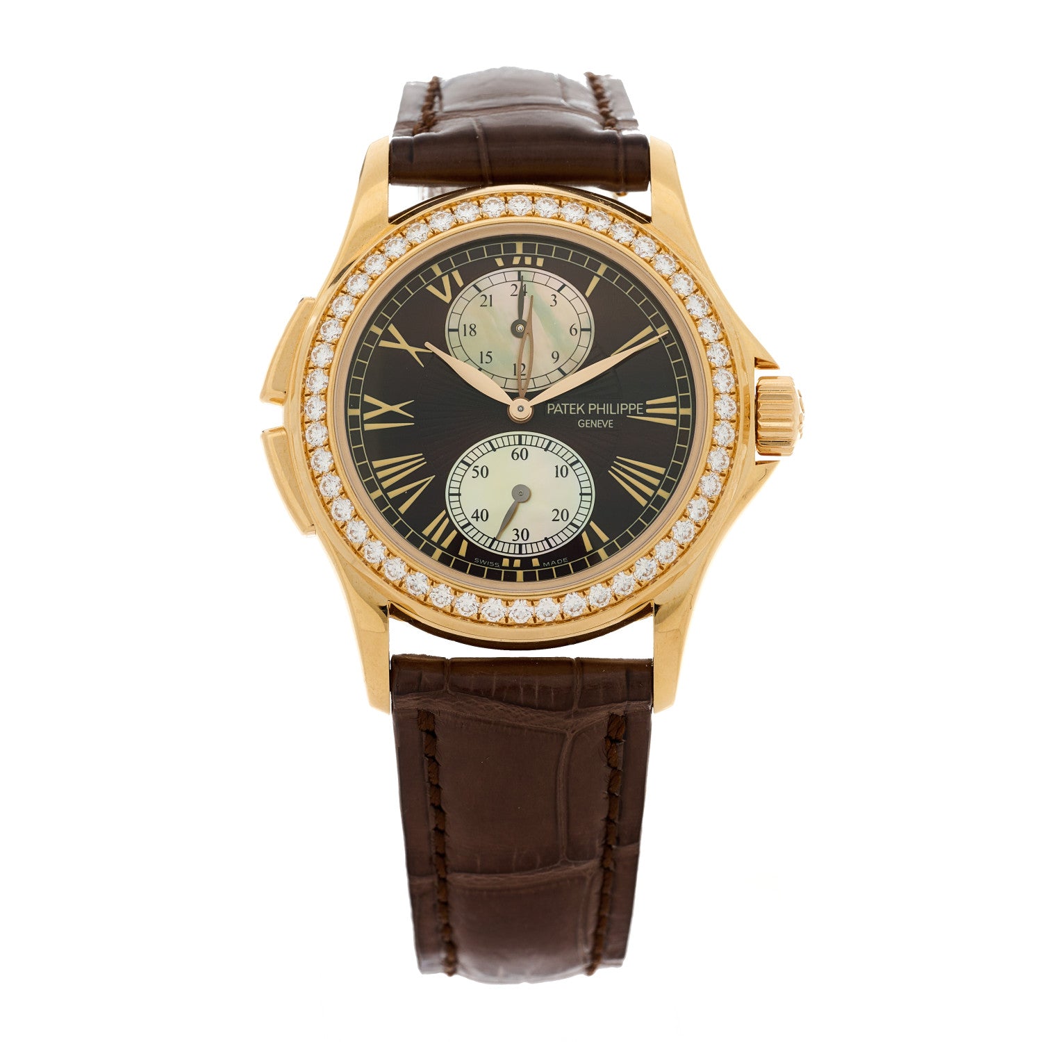 Patek Philippe 18K Rose Gold Alligator Diamond Bezel Mother of Pearl 35mm Calatrava Manual Winding Watch Brown 4934R 1 of 4