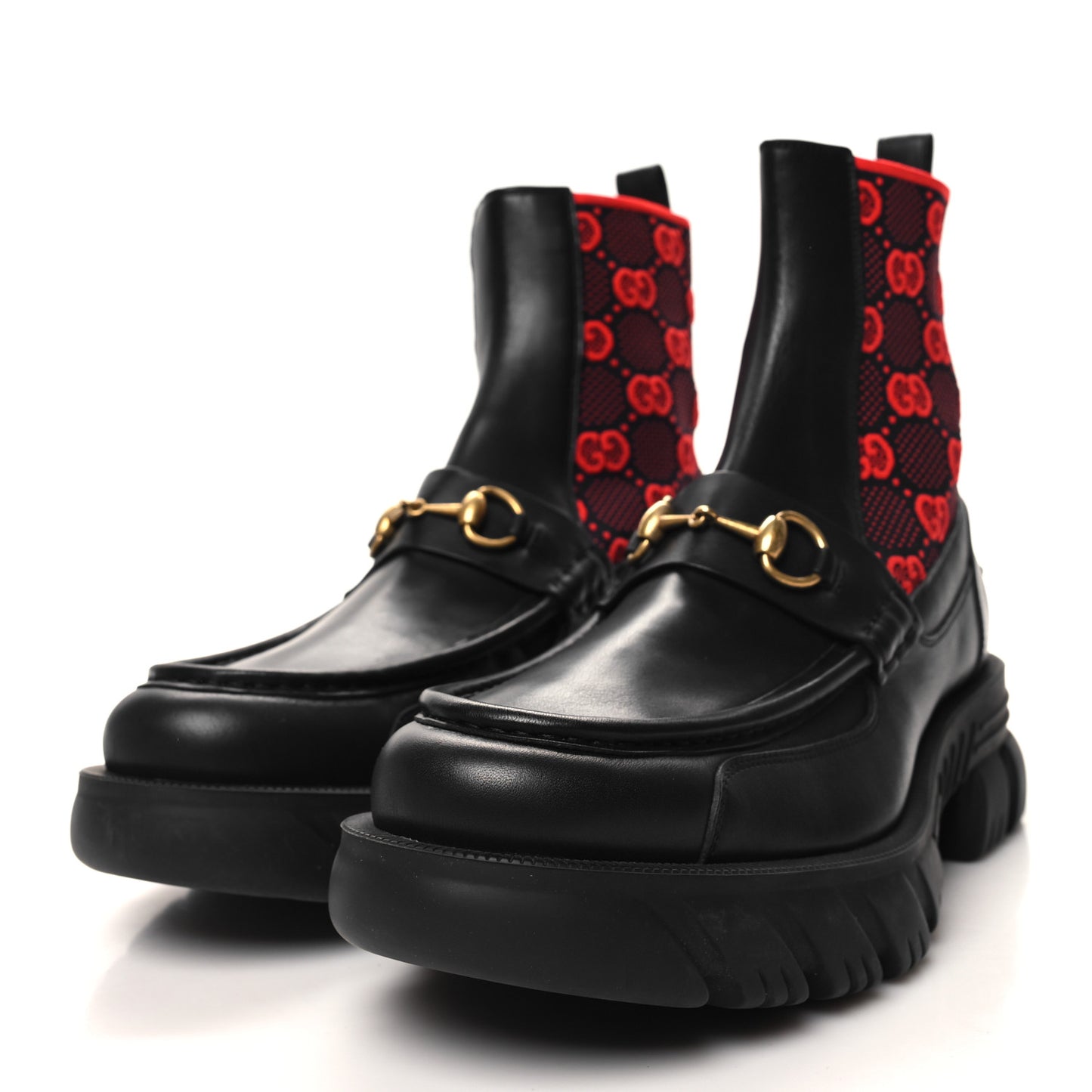 Quebec Calfskin Technical Jersey Knit GG Monogram Mens Horsebit Ankle Boots 10 Black Light Hibiscus Red