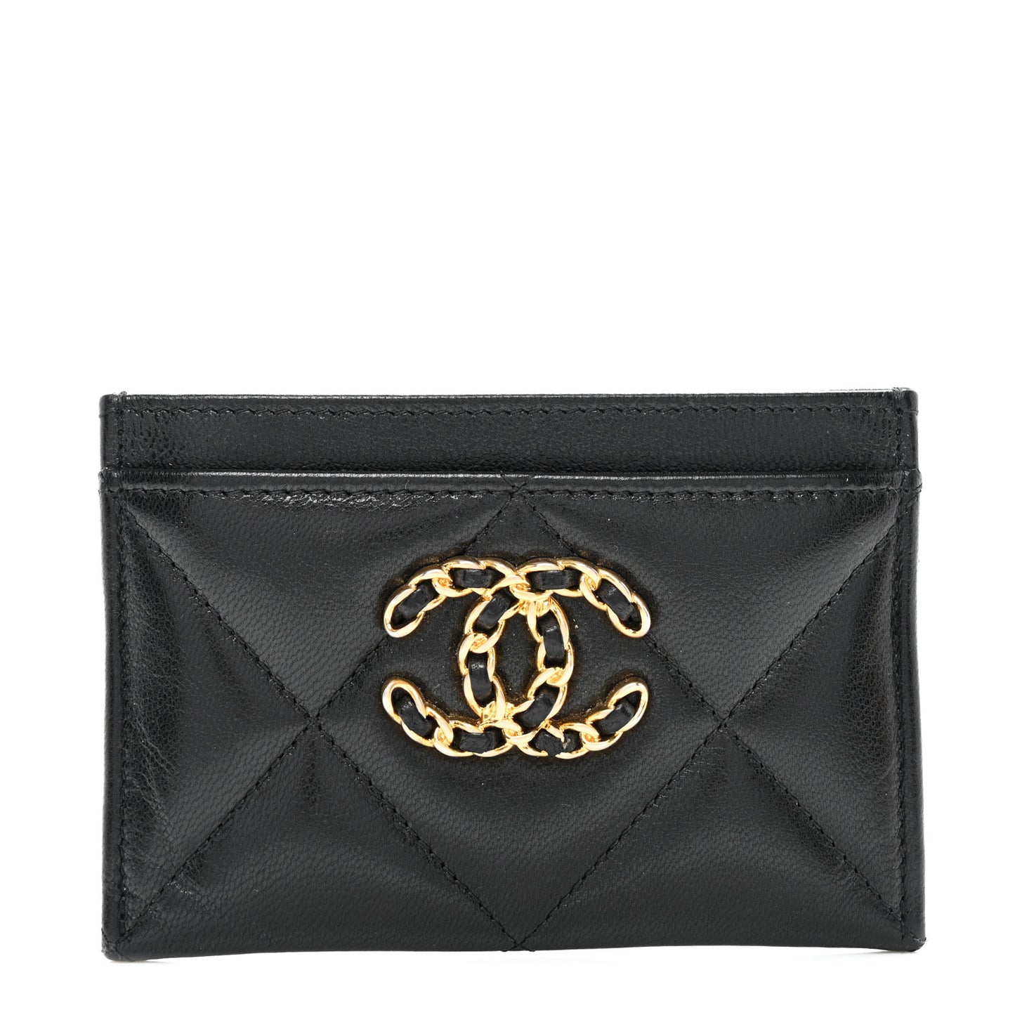Shiny Goatskin Quilted Chanel 19 Card Holder Black