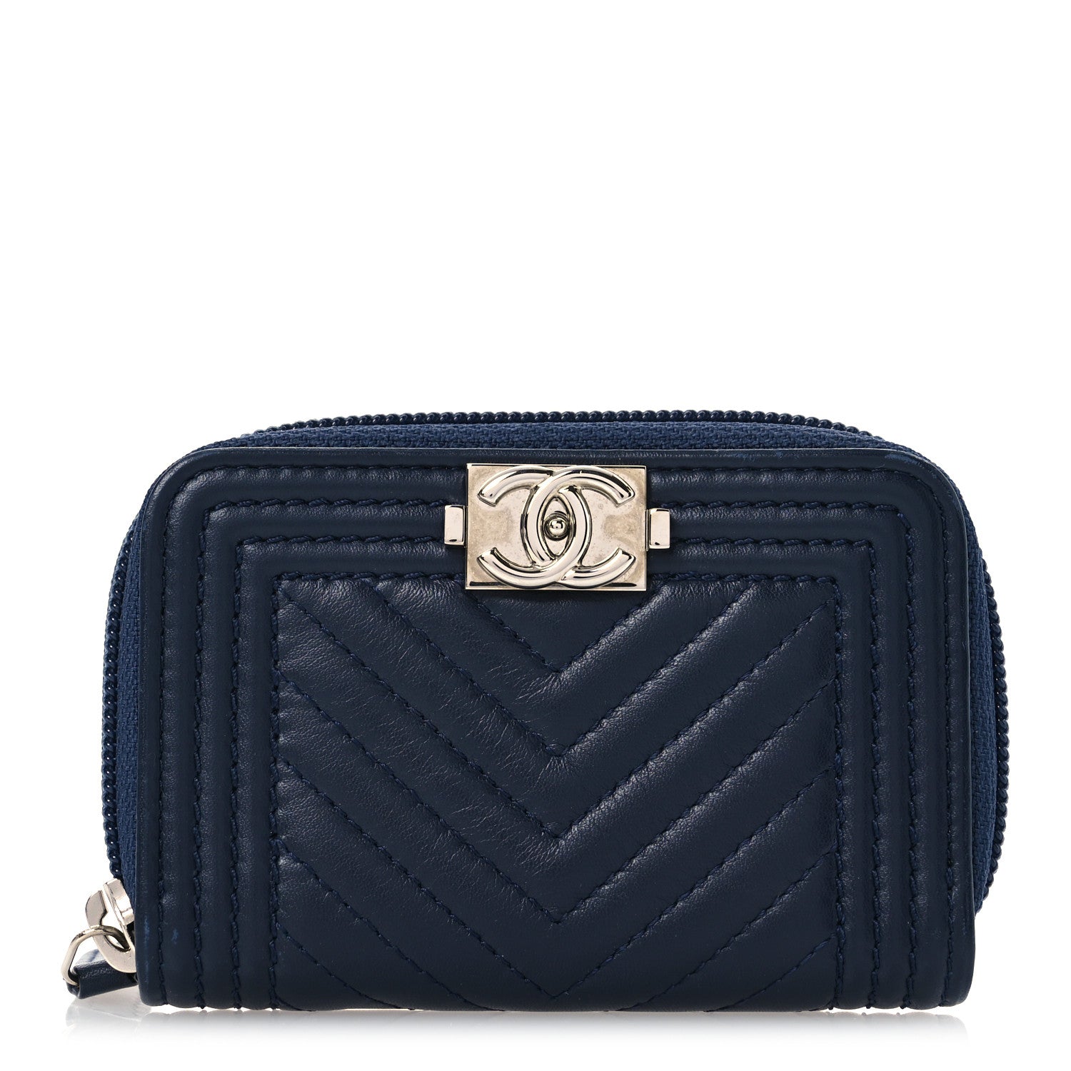 Chanel Calfskin Chevron Quilted Zip Around Boy Coin Purse Navy