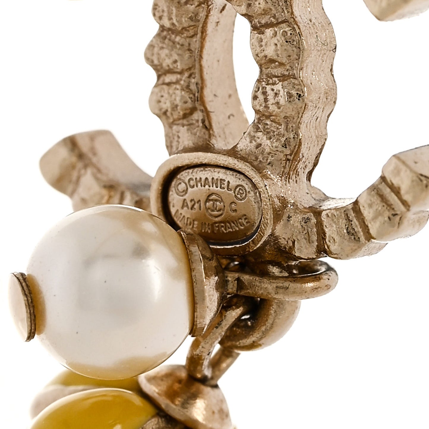 Metal Crystal Bead Pearl CC Drop Earrings Gold White Yellow