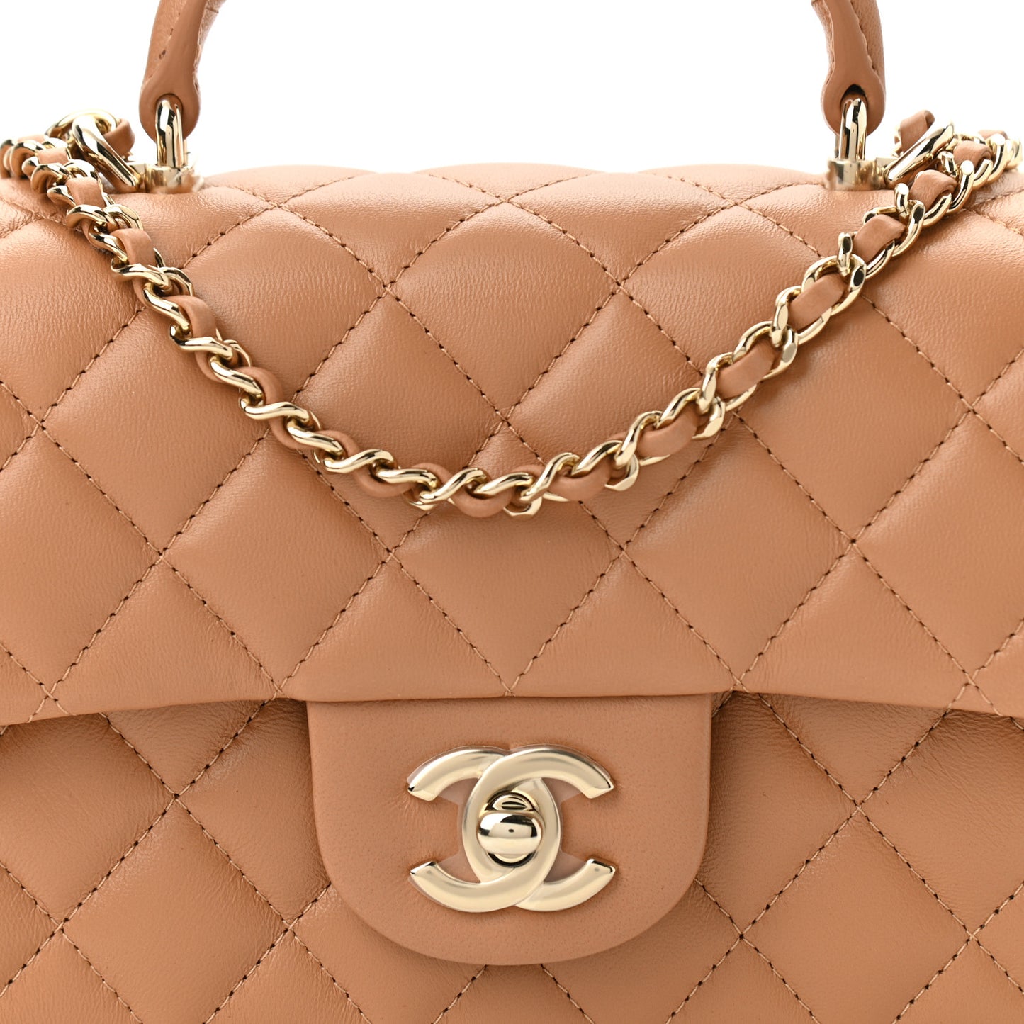 Lambskin Quilted Mini Top Handle Rectangular Flap Light Brown