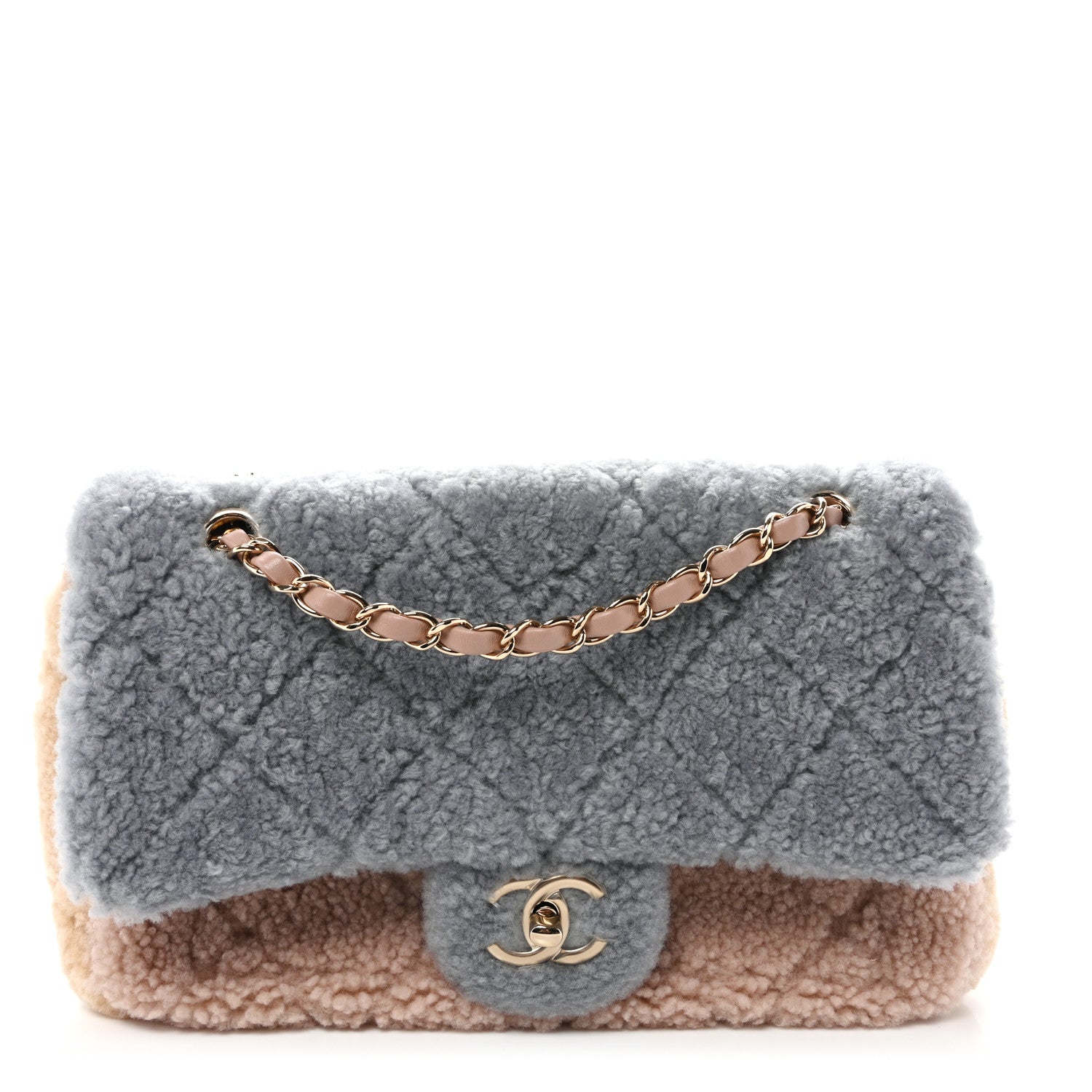 Chanel Shearling Sheepskin Single Flap Gray Pink Beige 1887138