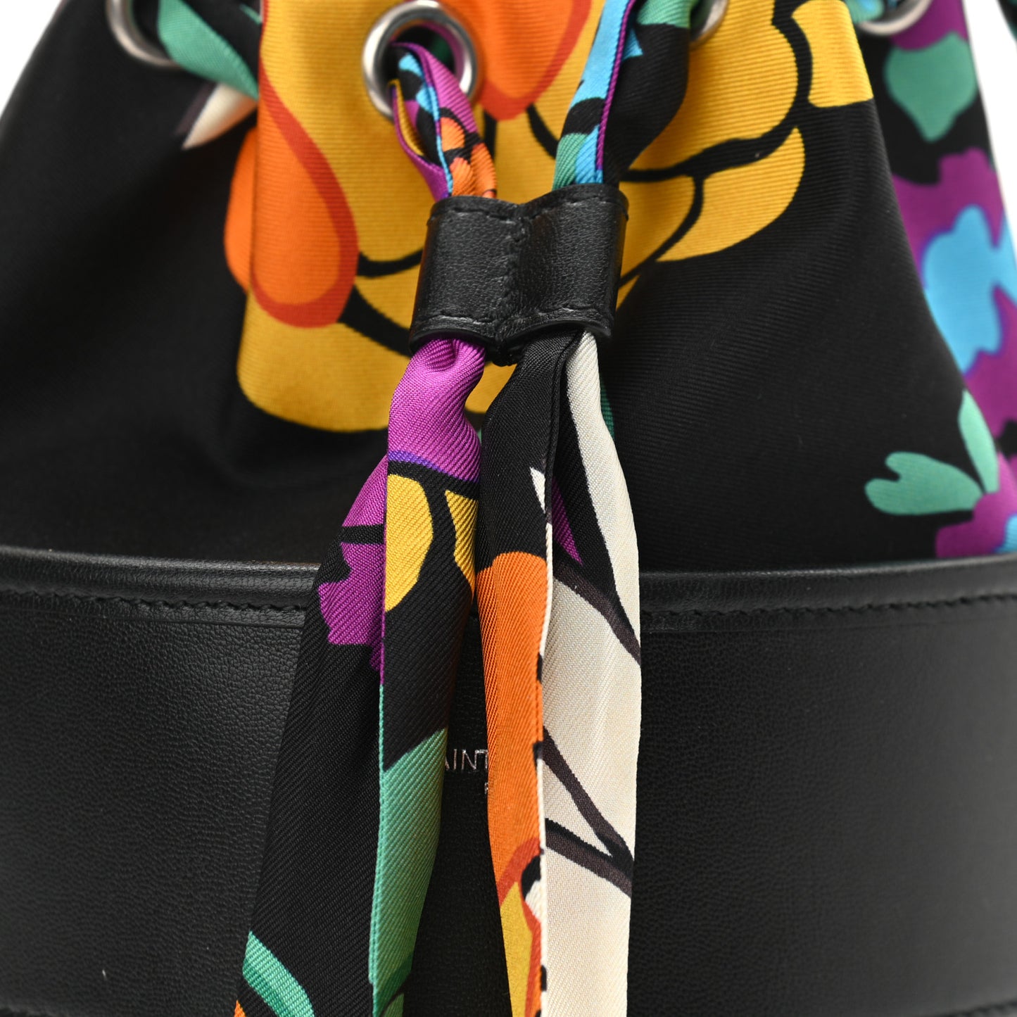 Calfskin Silk Floral Print Small Bucket Bag Black Multicolor