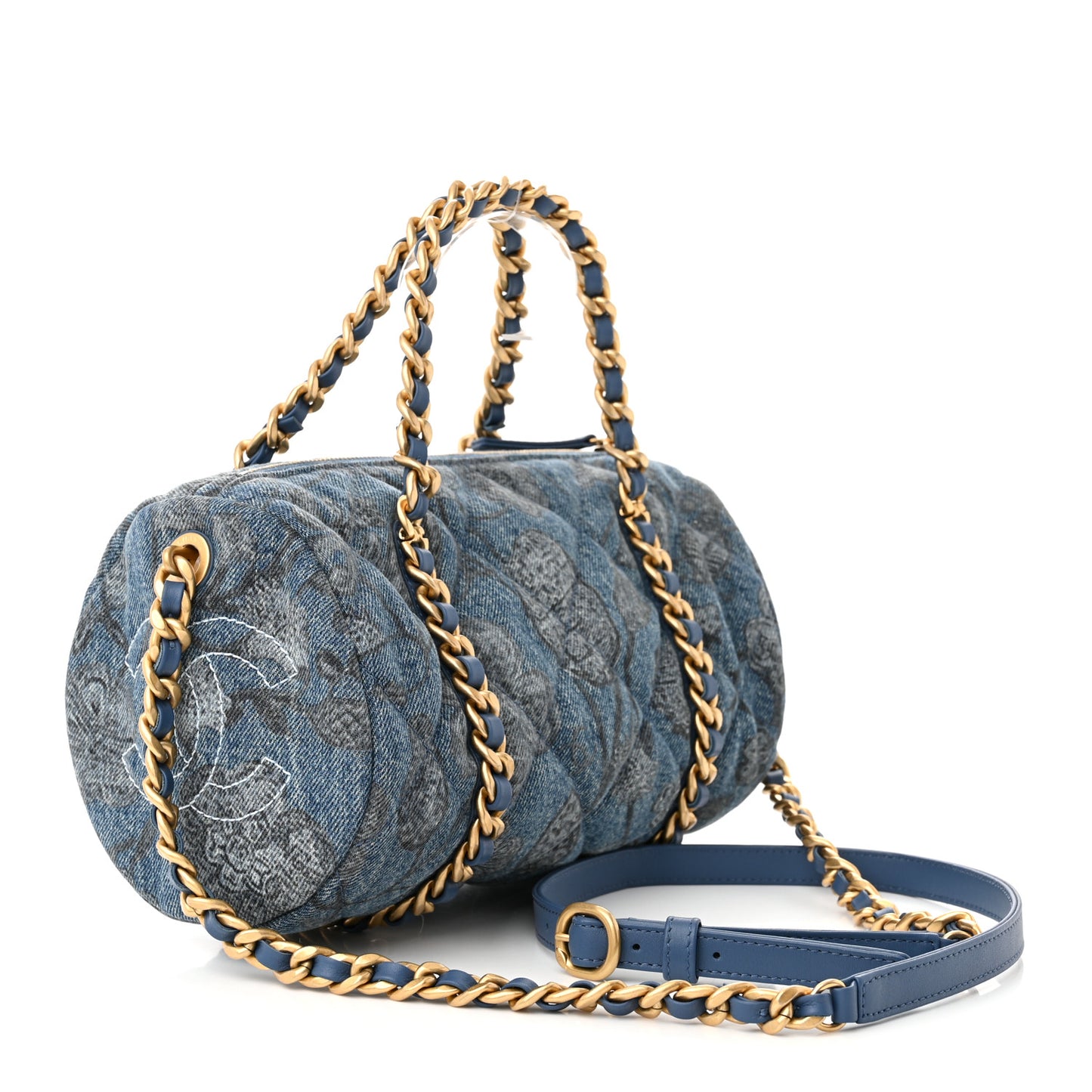 Denim Printed Destination Chenonceau Bowling Bag Blue Grey White