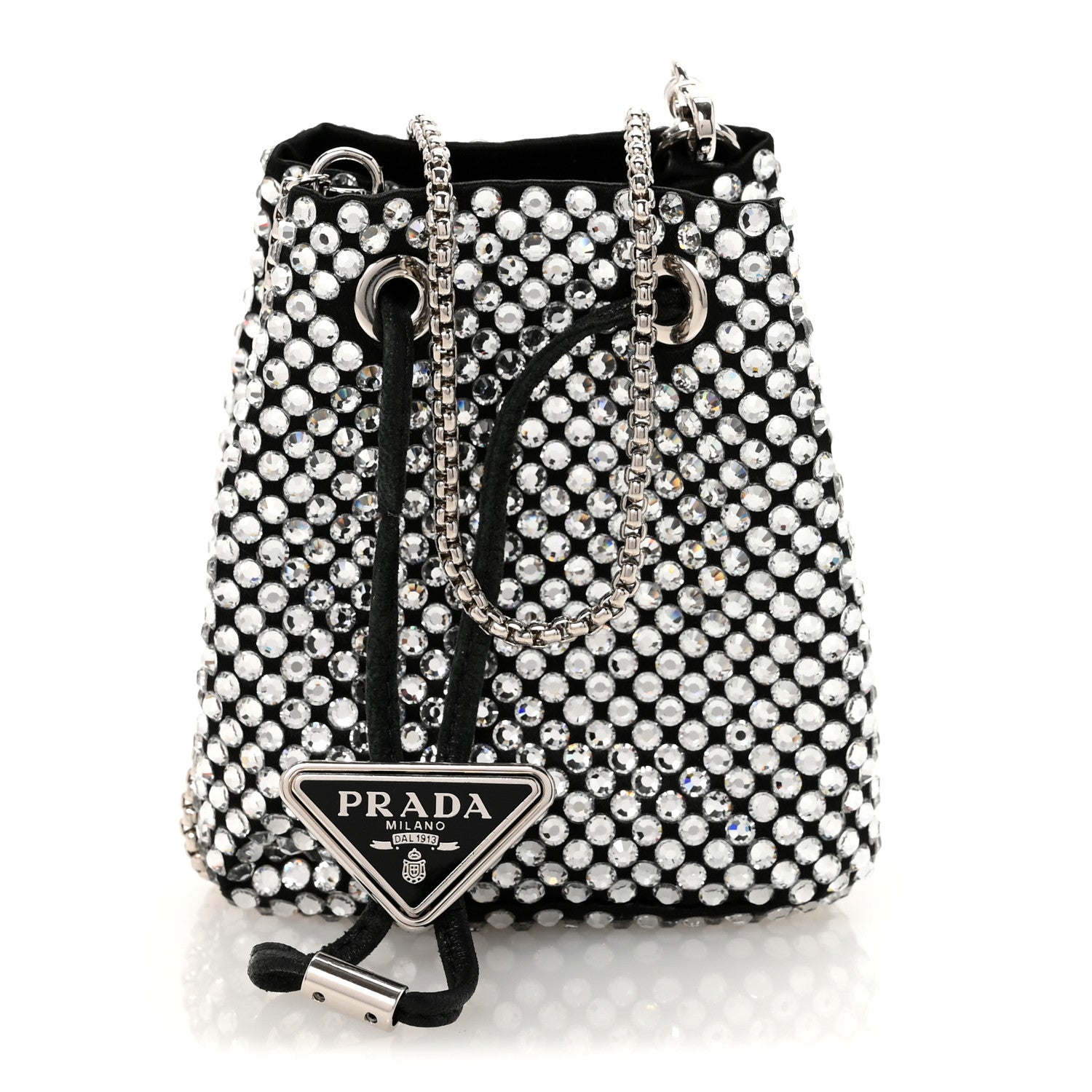 Prada Satin Crystal Metal Triangle Logo Mini Drawcord Pouch