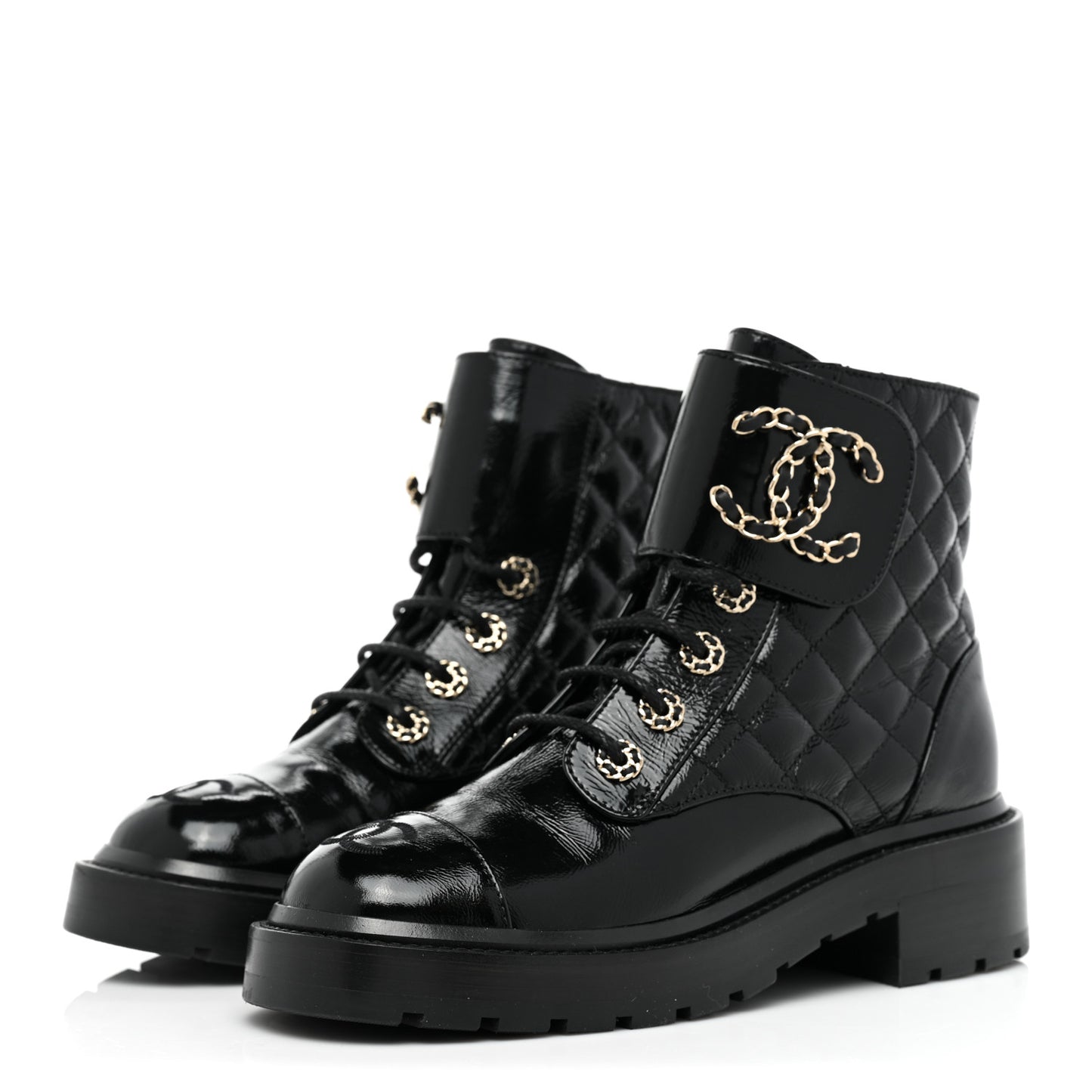 Shiny Calfskin Quilted Lace Up Combat Boots 36 Black