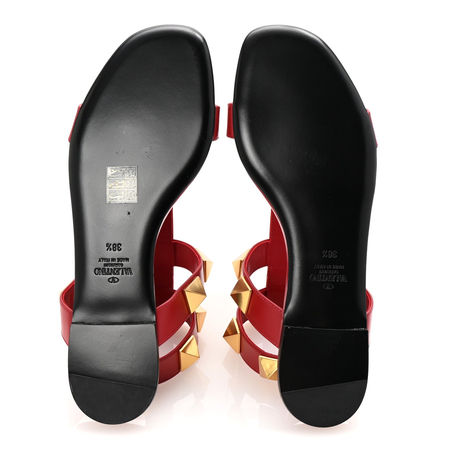 Calfskin Roman Stud Ankle Strap Flat Sandals 38.5 Rosso Valentino
