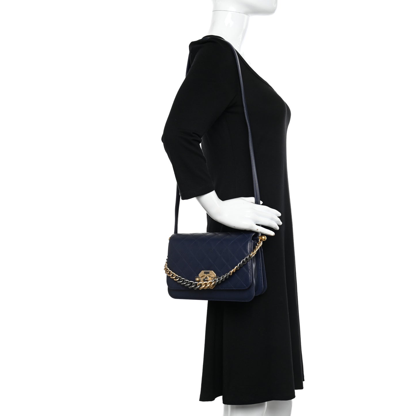 Lambskin Quilted Gold Metal Lock Flap Navy