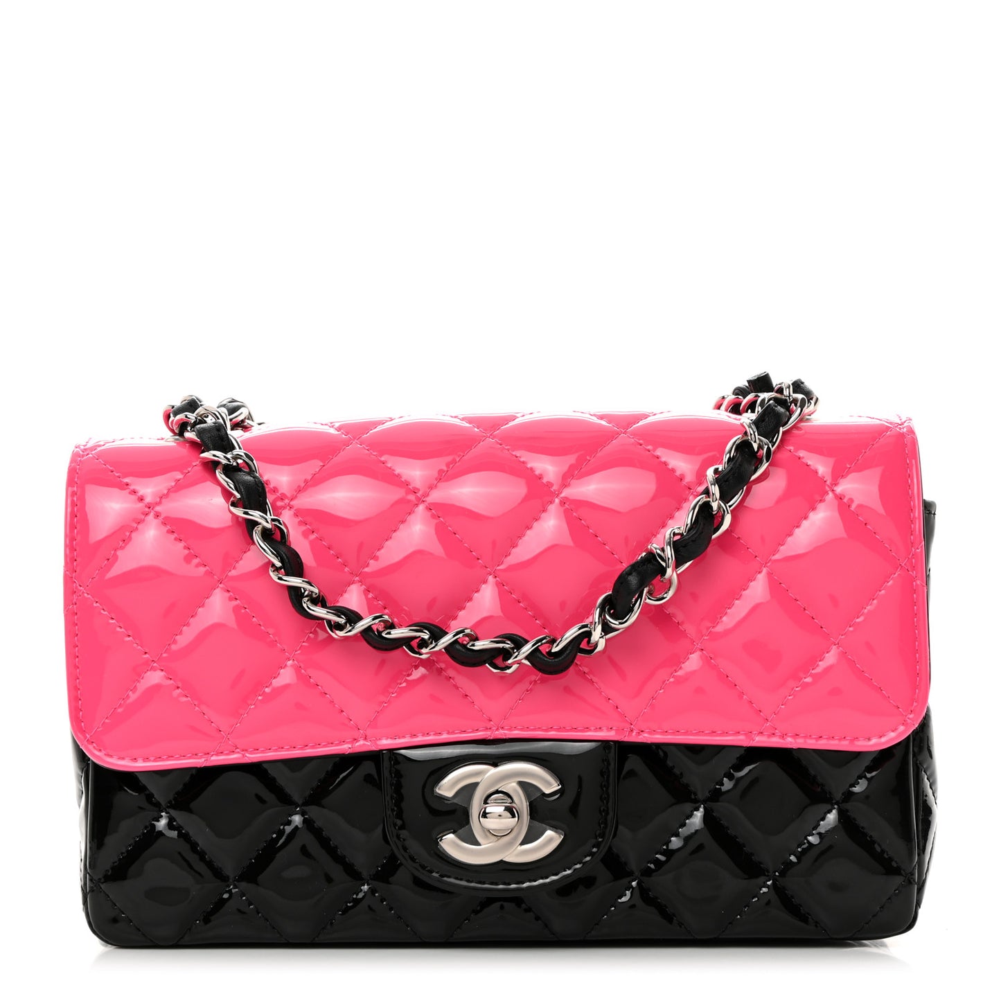 Patent Calfskin Quilted Bi-Color Mini Rectangular Flap Pink Black
