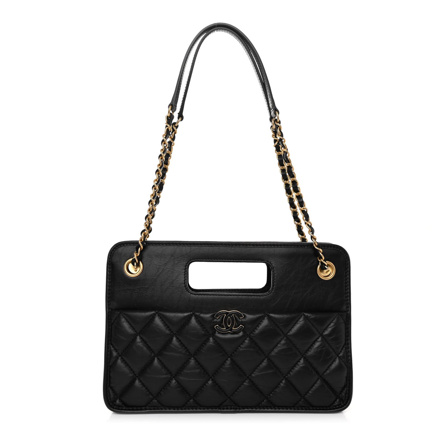 Aged Calfskin Quilted Small Graphic Catch Shopping Bag Black