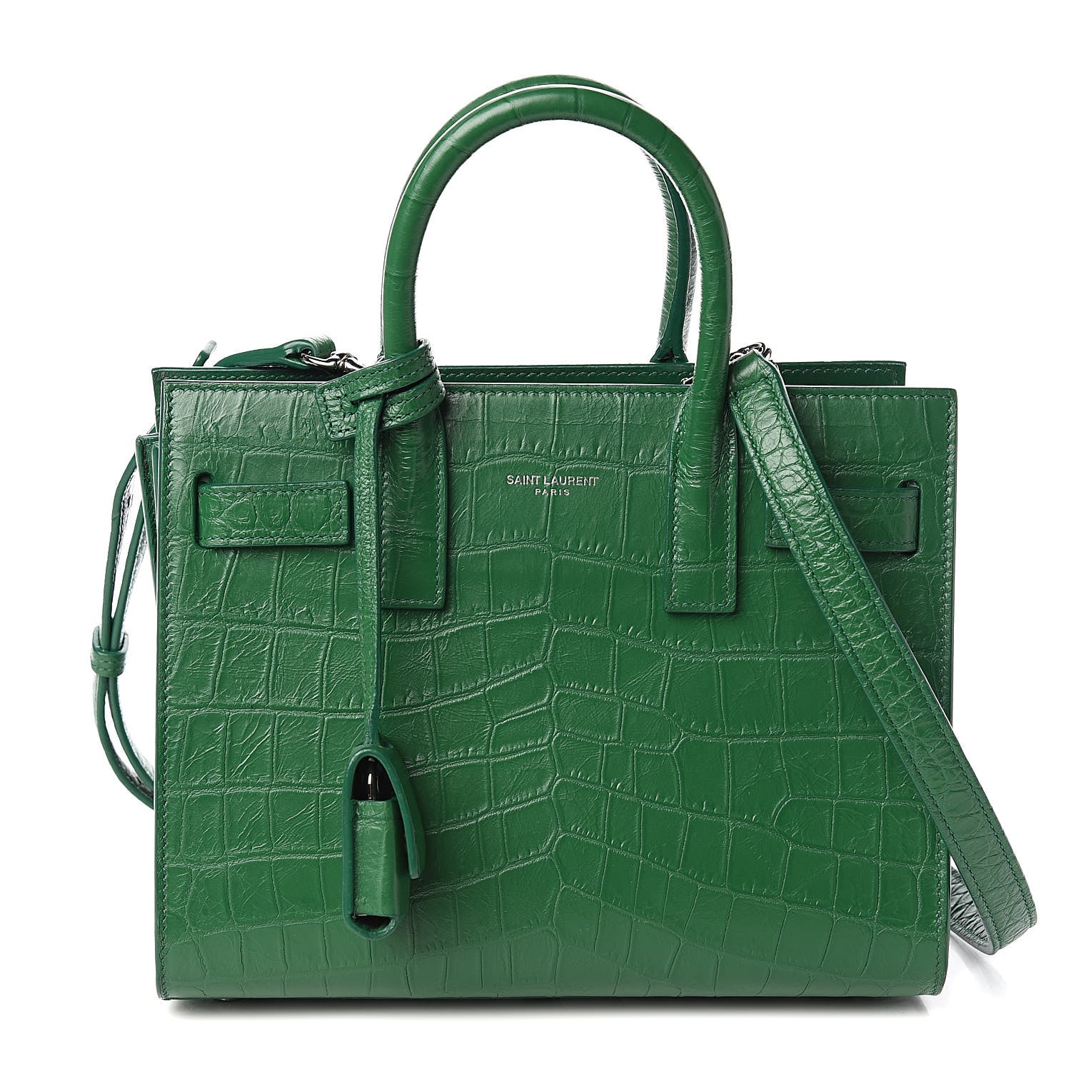 Saint Laurent Calfskin Crocodile Embossed Nano Sac De Jour Green