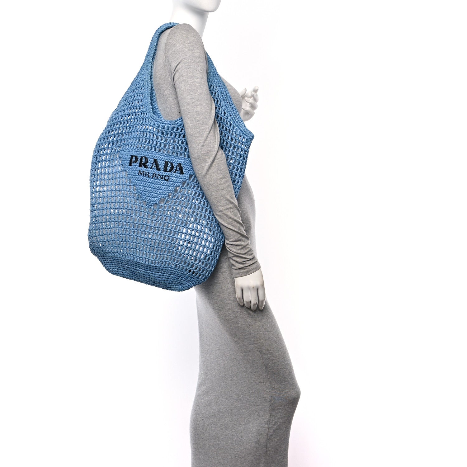 Prada Yarn Raffia Effect Crochet Logo Embroidered Shopping Tote Bag Celeste 3 of 10