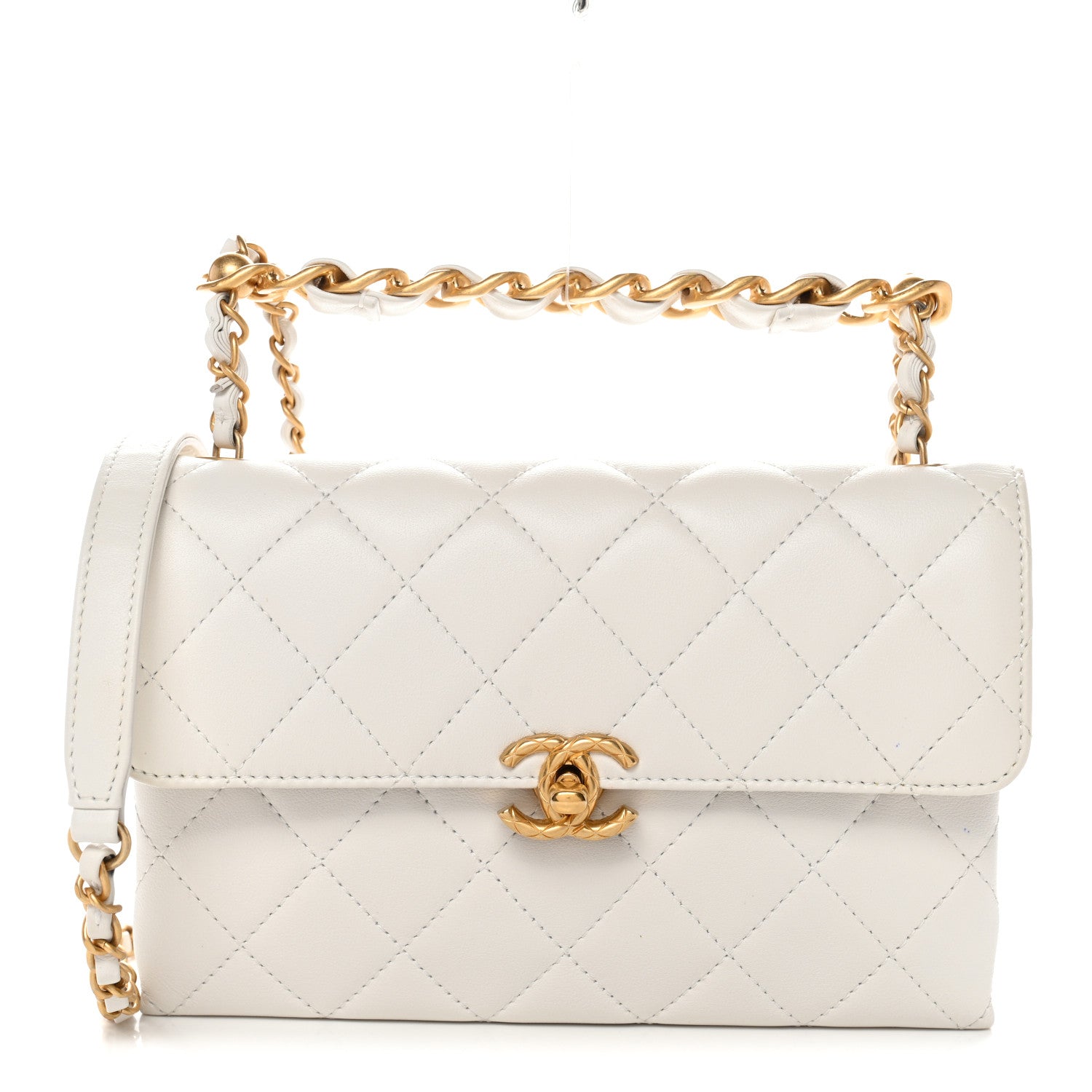 Chanel Lambskin Quilted Chain Bar Top Handle Flap White 1862648