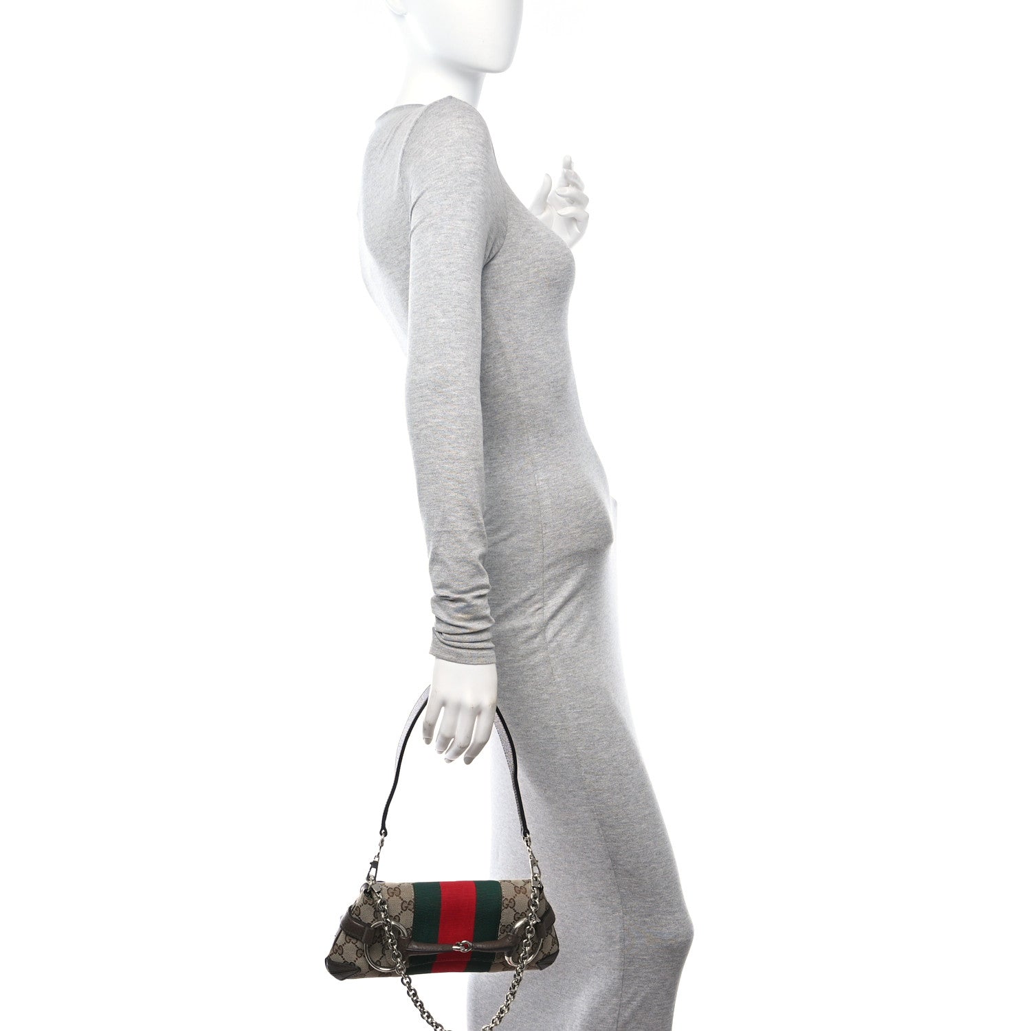 Gucci Monogram Textured Dollar Calfskin Heavy Grosgrain Web Small Maxi Horsebit Chain Shoulder Bag Beige Ebony New Acero 2 of 15