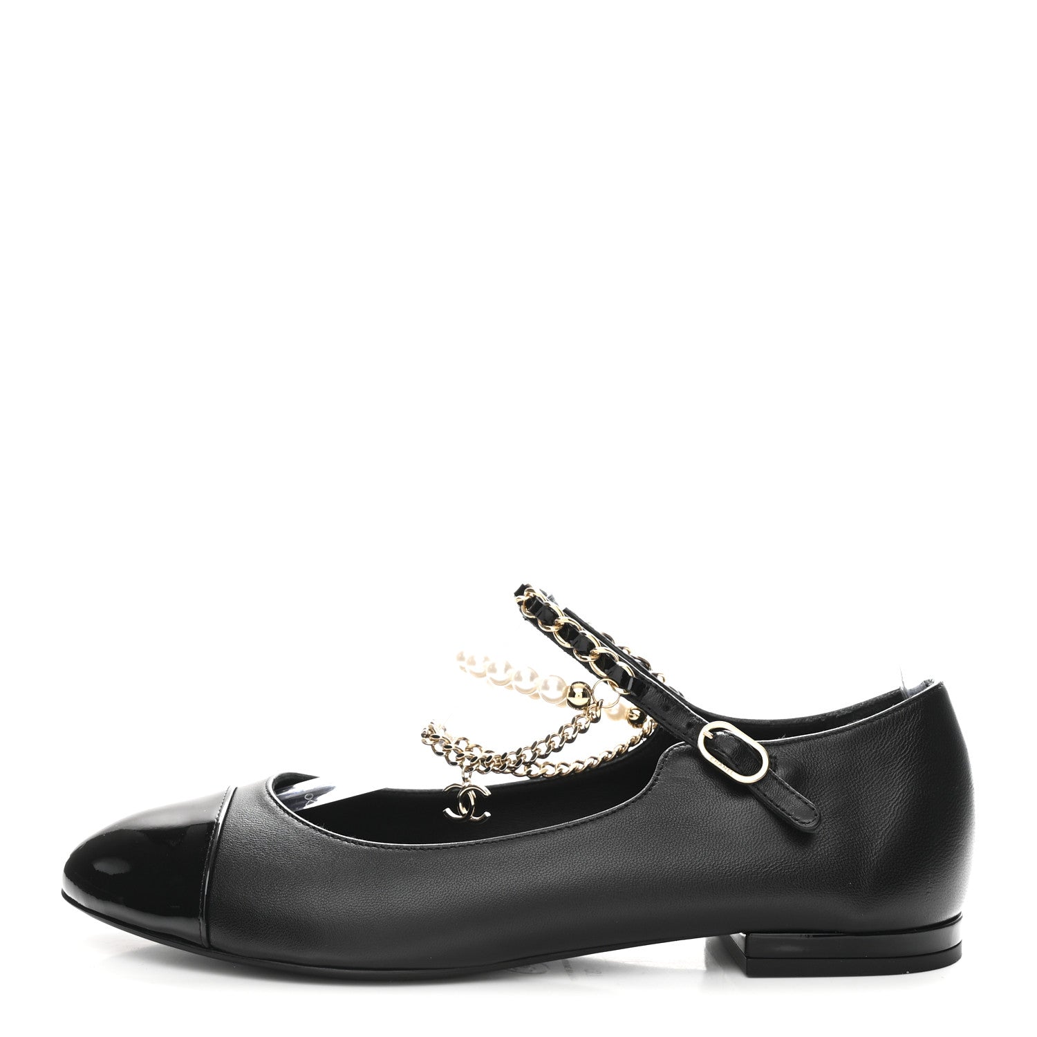 CHANELパンプス Chanel Shiny Lambskin Pearl Cap Toe Ankle Chain Ballerina Flats 37
