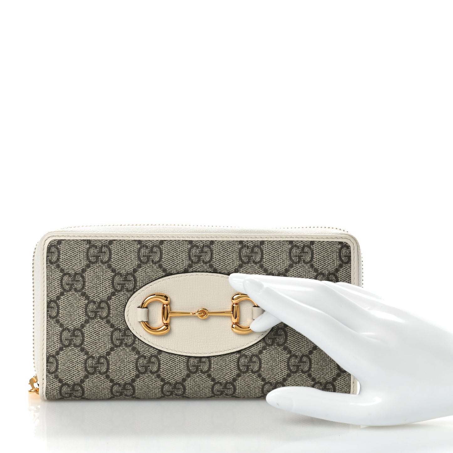 GG Supreme Monogram Azalea Calfskin Horsebit 1955 Zip Around Wallet Beige Ebony Mystic White