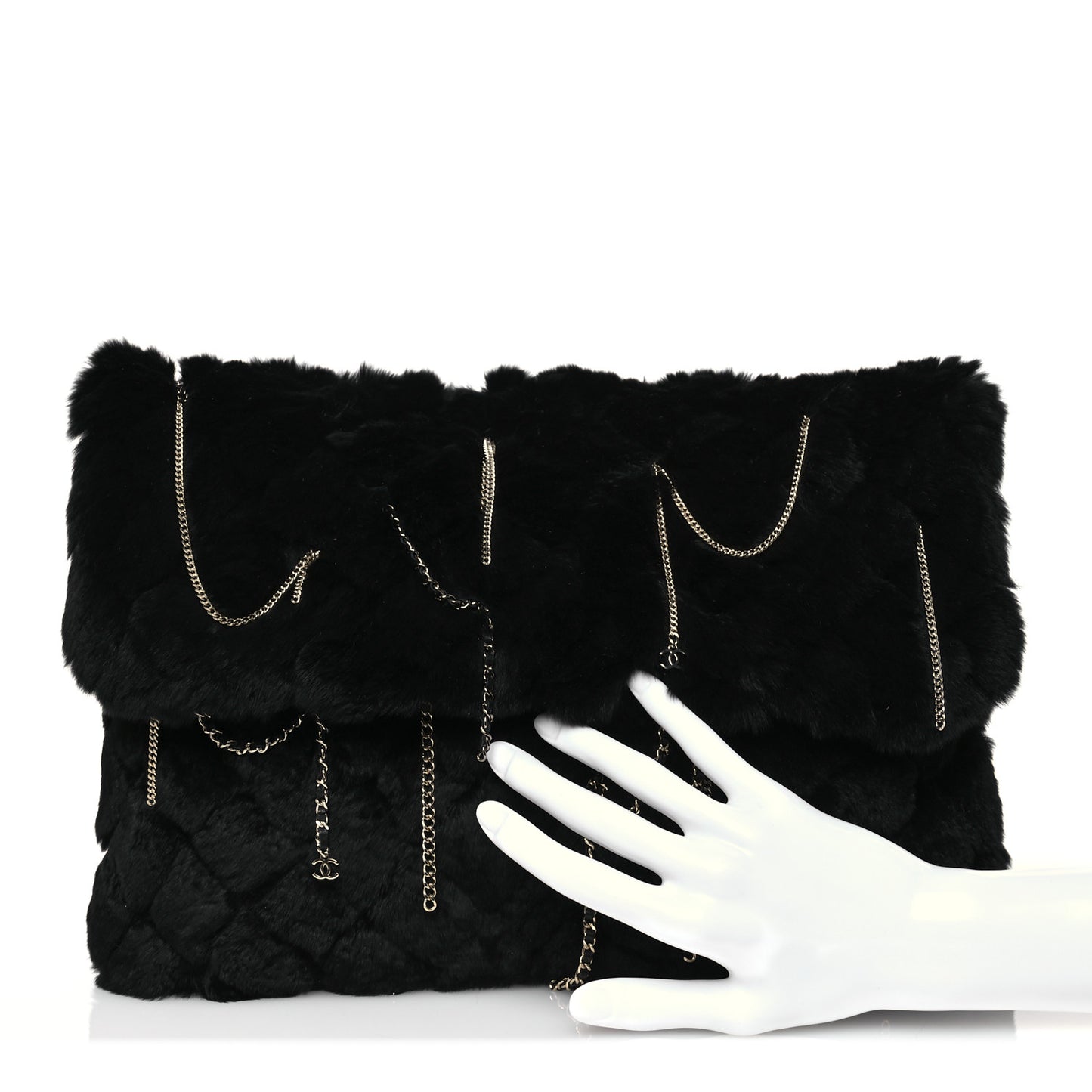 Rabbit Fur Large Chain Clutch Black