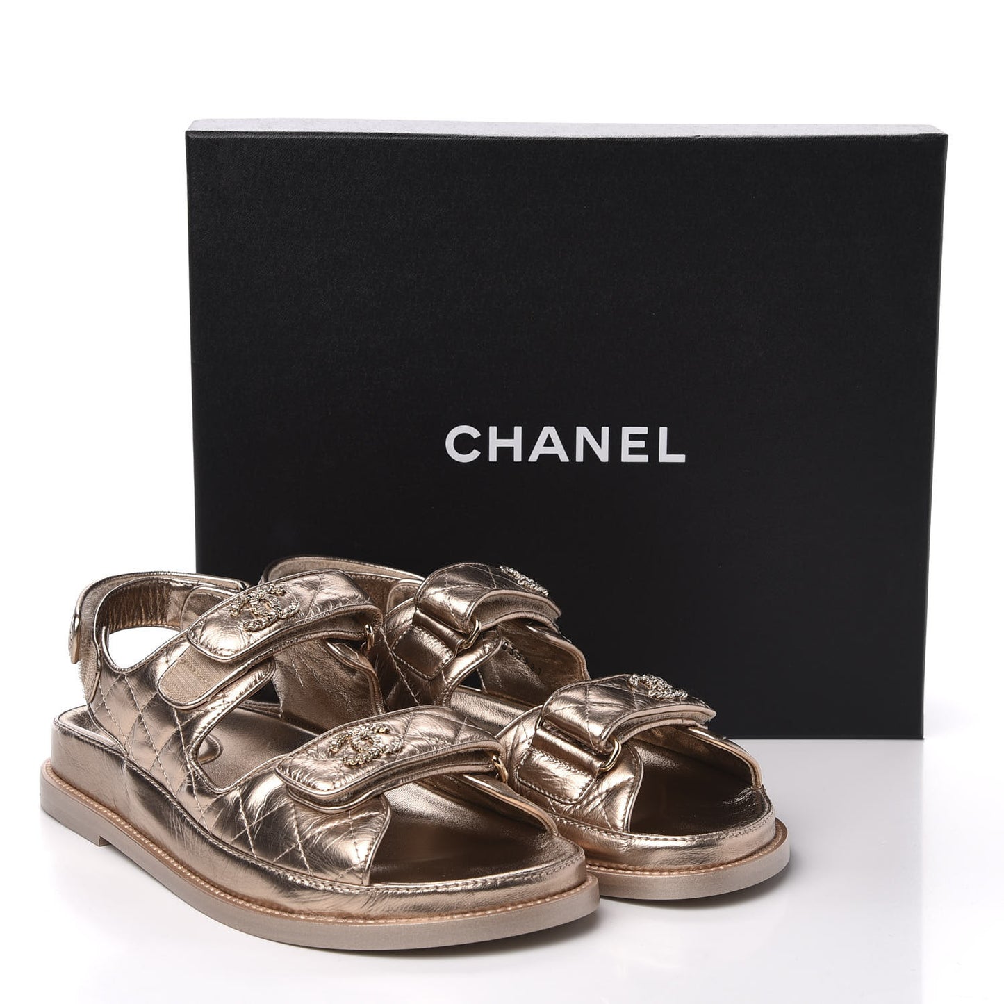 Iridescent Lambskin Quilted Velcro Dad Sandals 38 Light Bronze