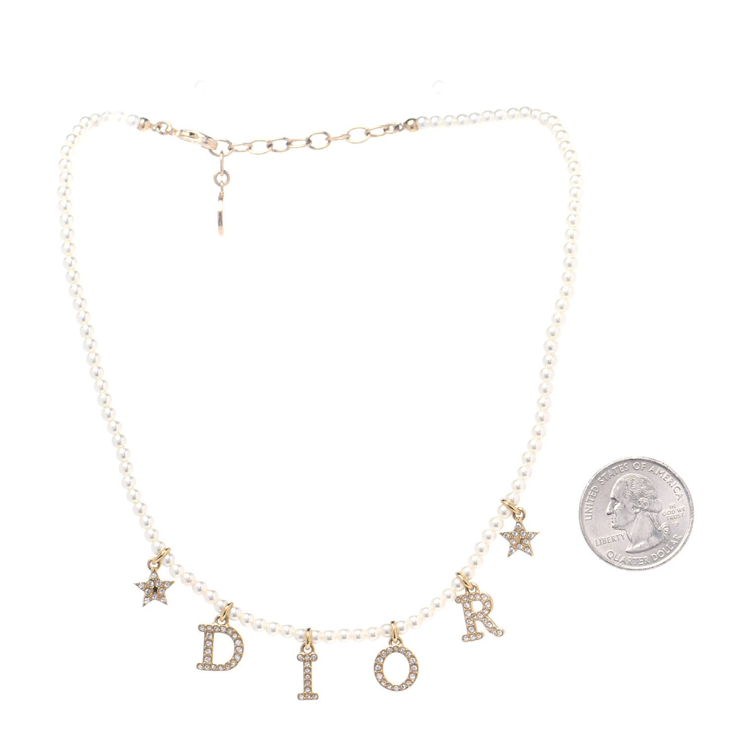 Christian Dior Pearl Crystal Star Logo Charm Necklace Gold 2 of 4