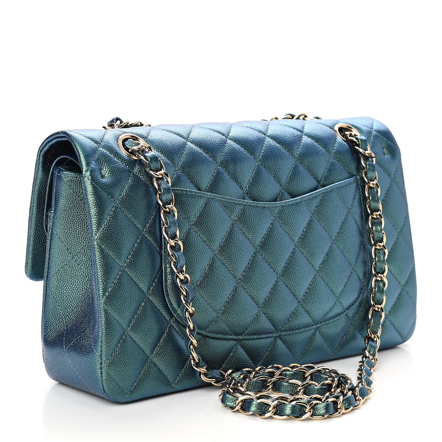 Iridescent Caviar Quilted Medium Double Flap Green