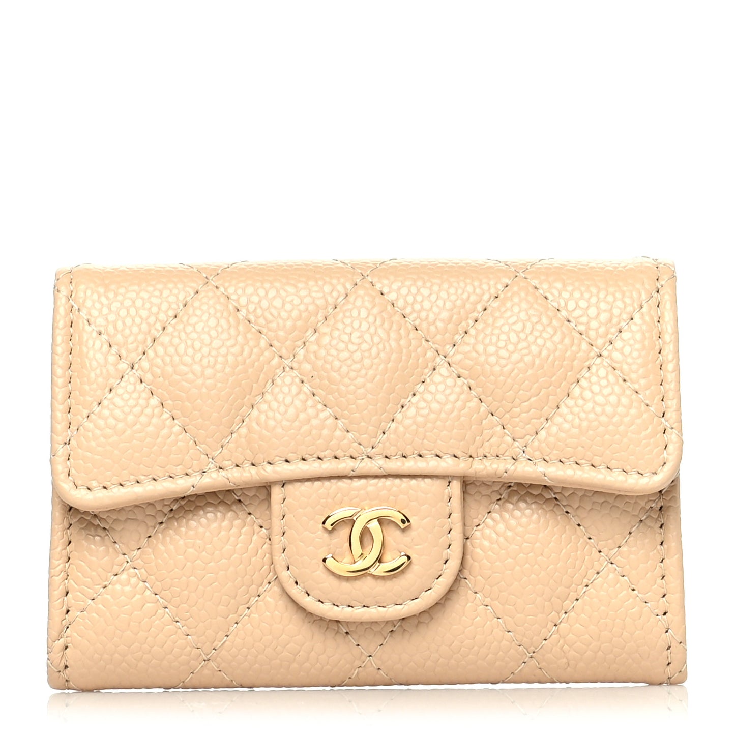 Caviar Quilted Flap Card Holder Wallet Beige