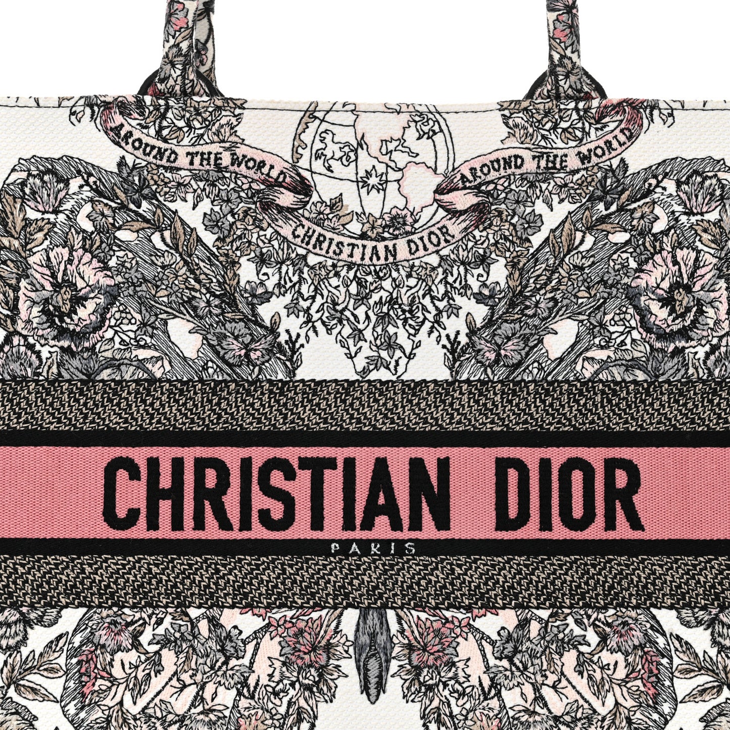 Canvas Embroidered Large Butterfly Around The World Book Tote White Pastel Pink