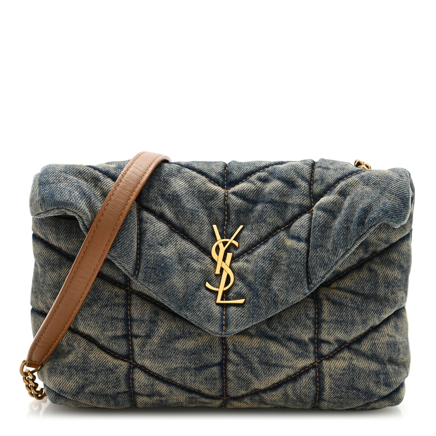 Denim Quilted Toy Loulou Puffer Monogram Chain Satchel Blue Cinnamon