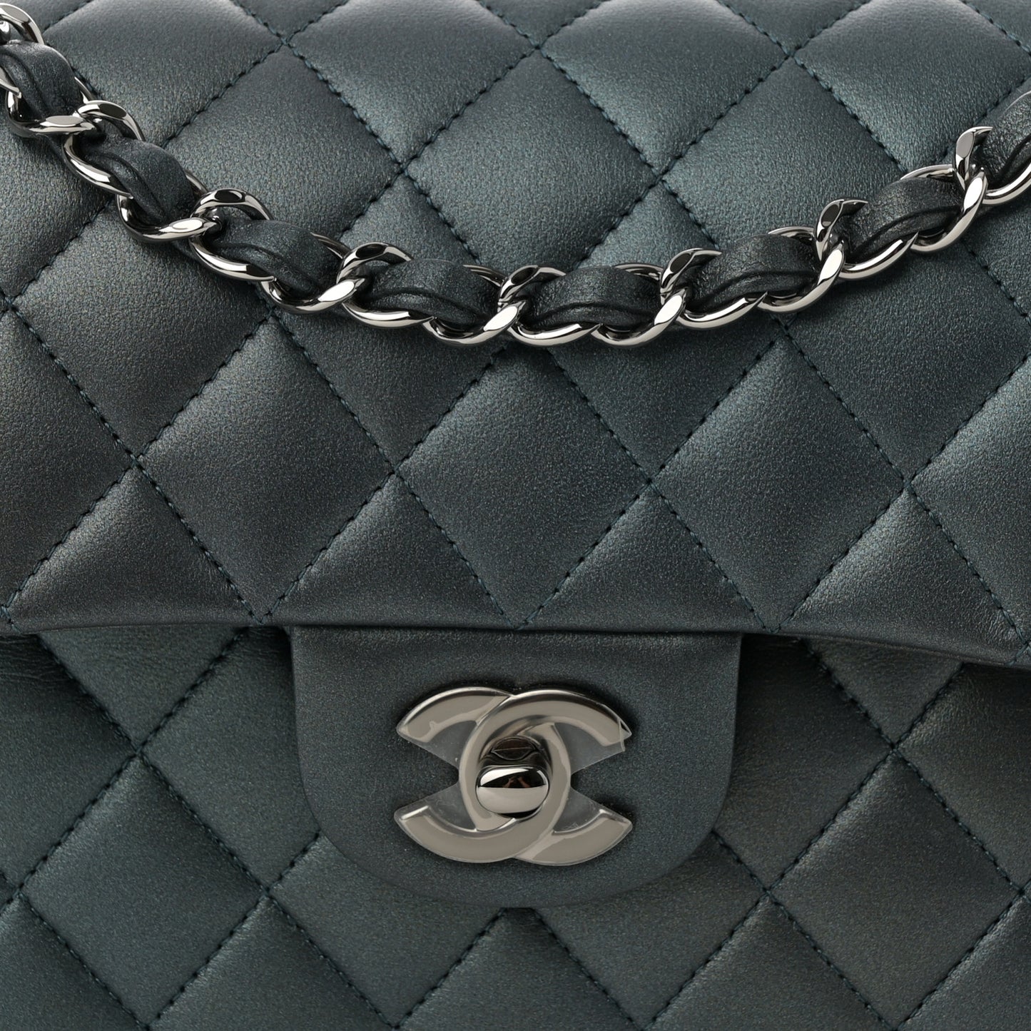 Iridescent Lambskin Quilted Small Double Flap Green