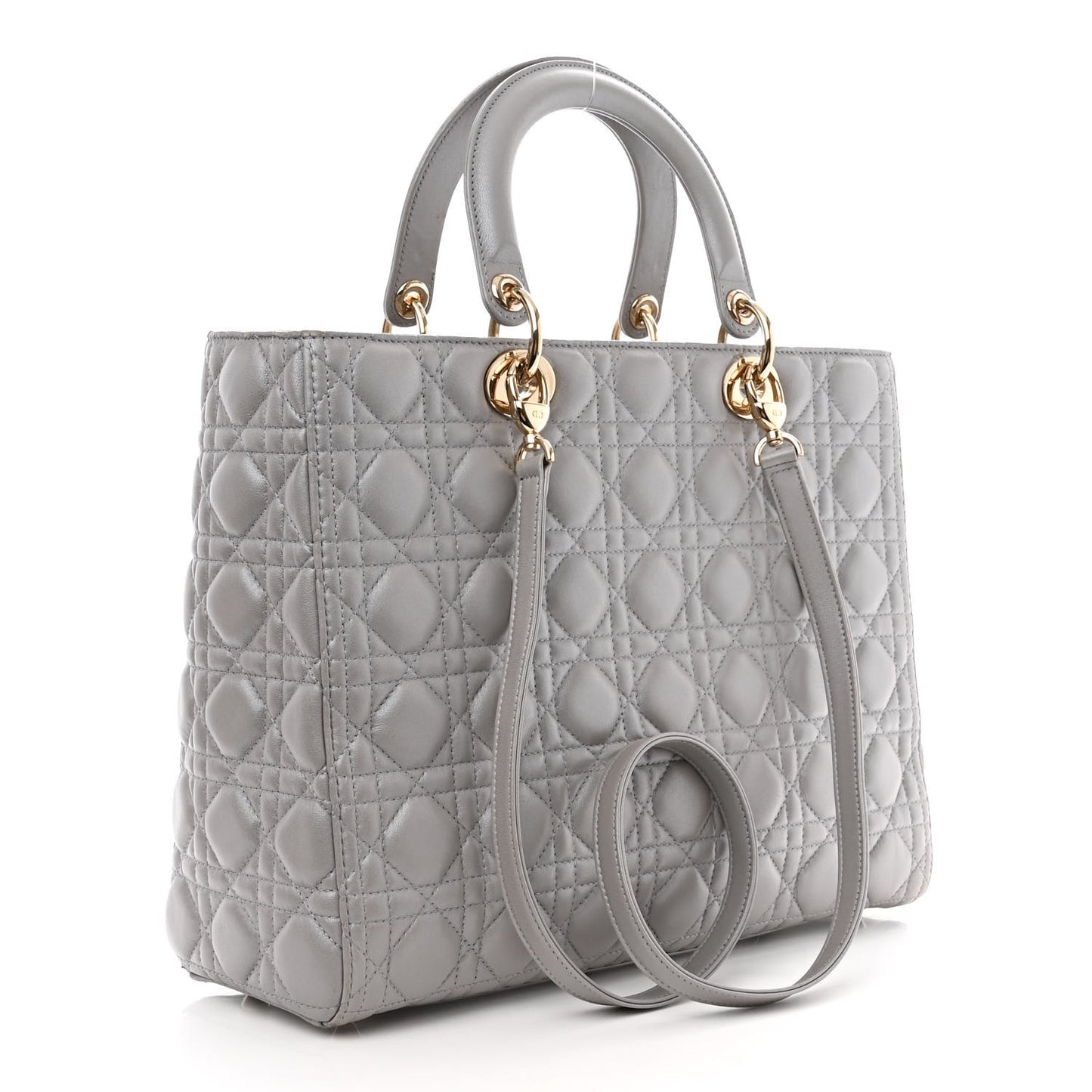 Metallic Lambskin Cannage Large Lady Dior Light Grey