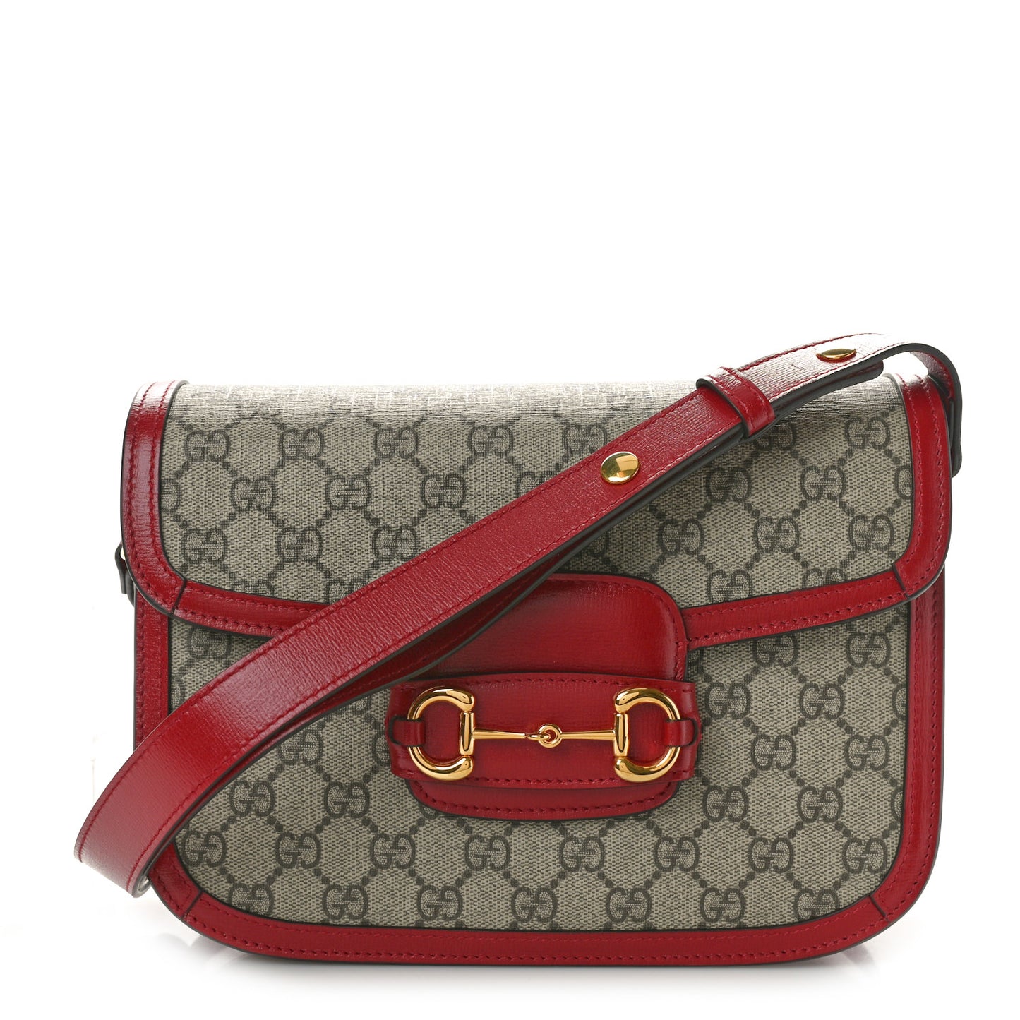 GG Supreme Monogram Azalea Calfskin Horsebit 1955 Shoulder Bag Beige Ebony New Cherry Red