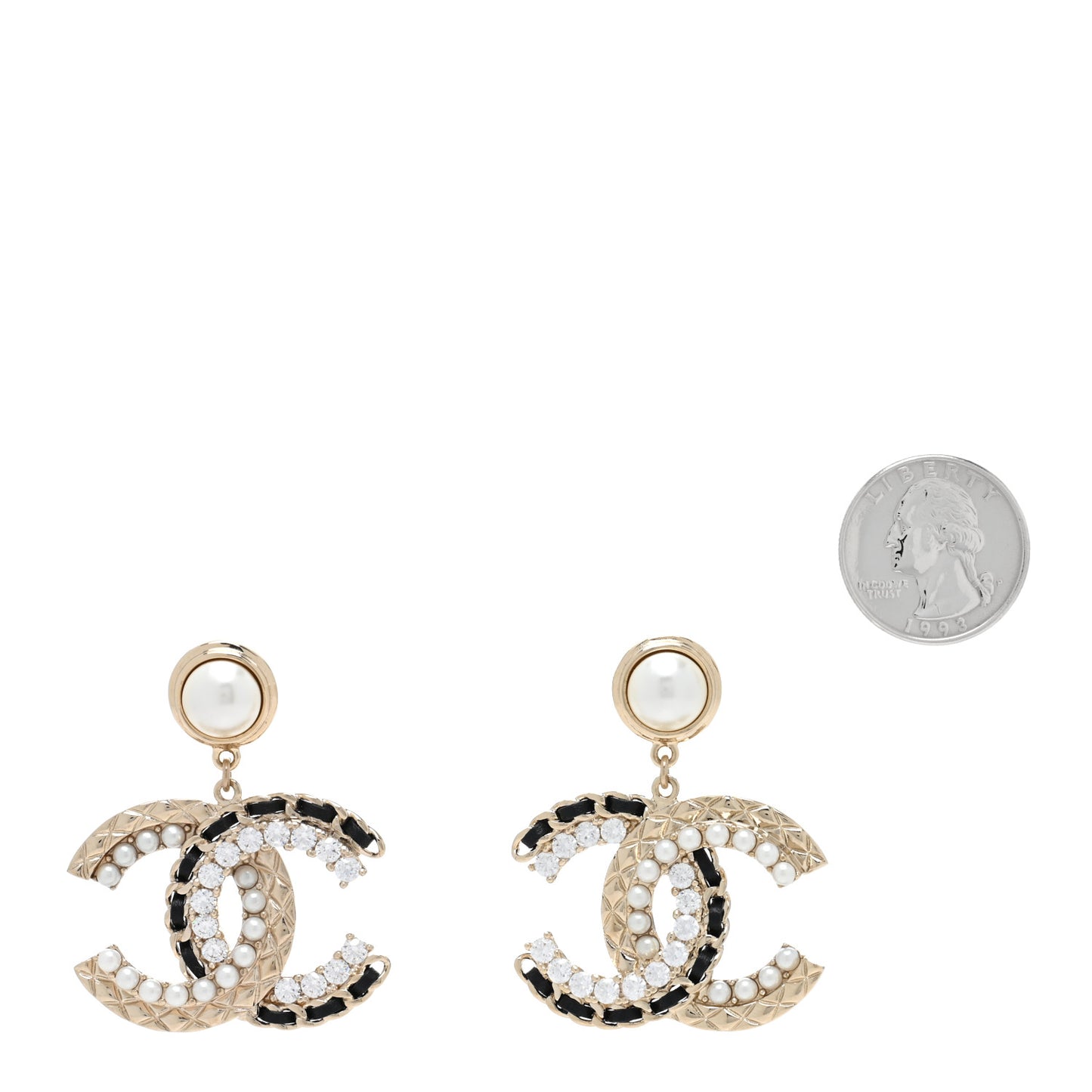 Metal Crystal Pearl Lambskin Quilted CC Chain Earrings Gold Black