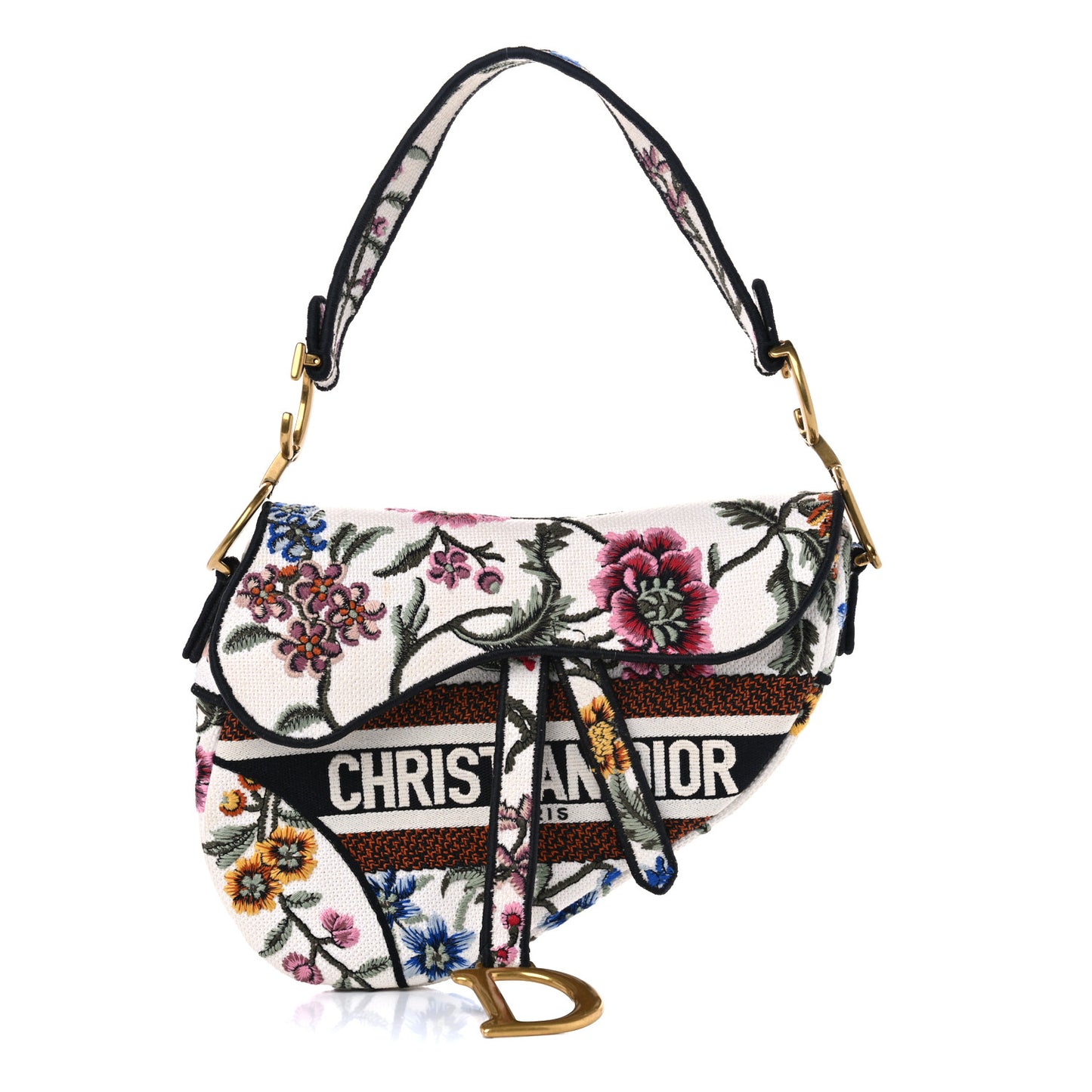 Canvas Embroidered Petites Fleurs Saddle Bag White Multicolor