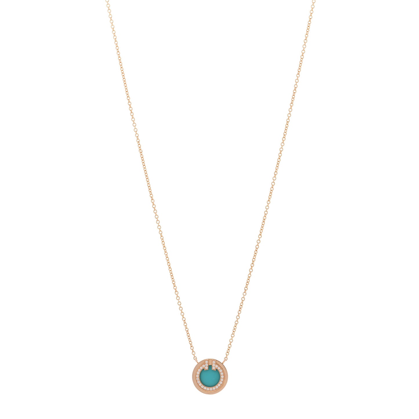 18K Rose Gold Diamond Turquoise Small T Circle Pendant Necklace