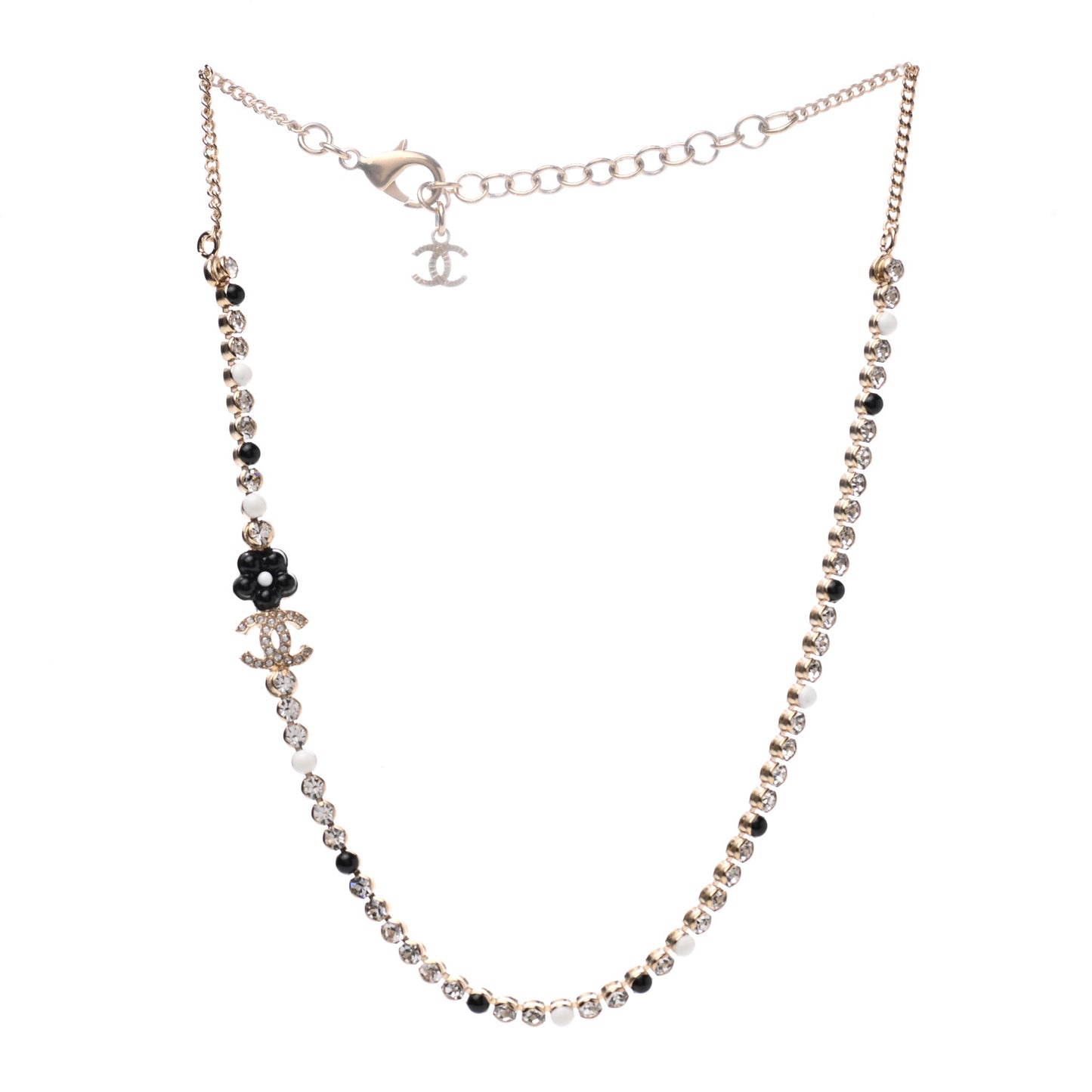 Crystal Pearl Glass Beaded CC Short Necklace Gold White Black