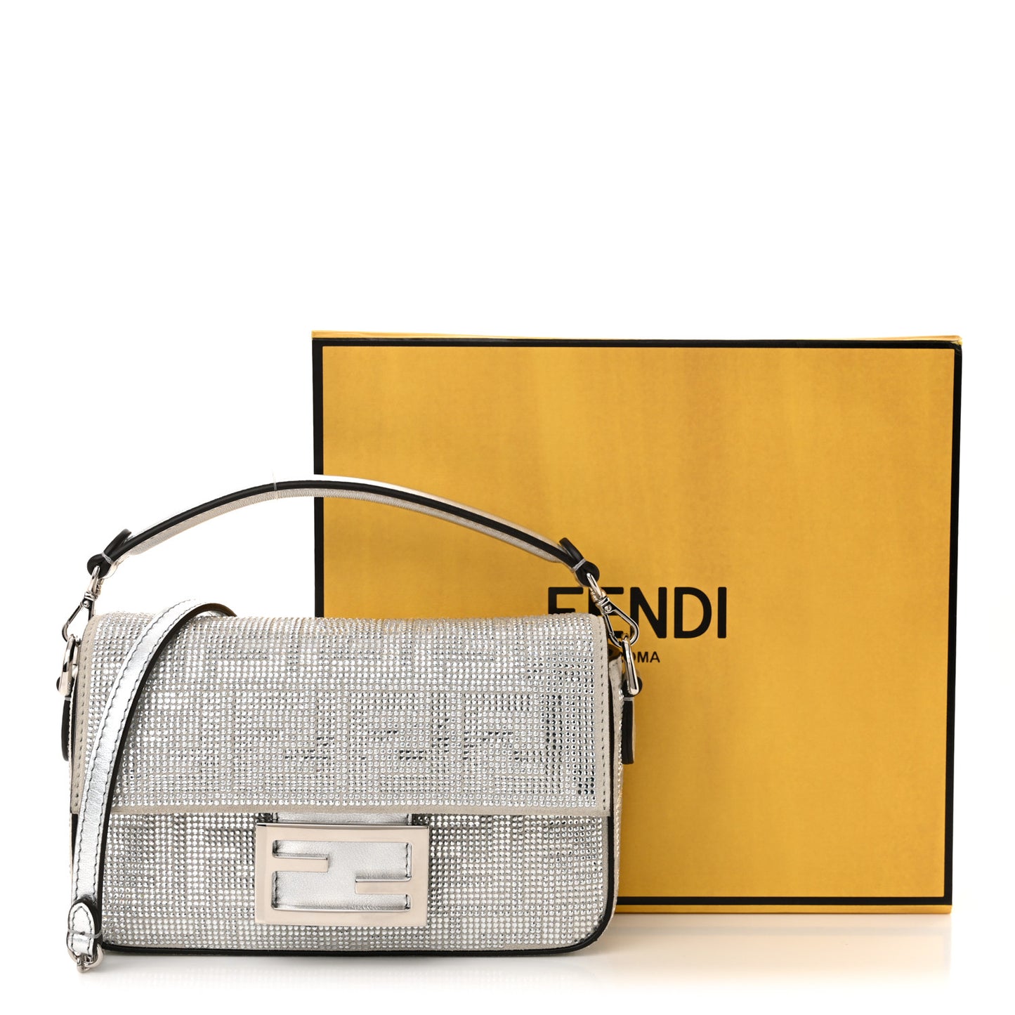 Crystal Vitello Laminato FF Mini Baguette Crystal Argento